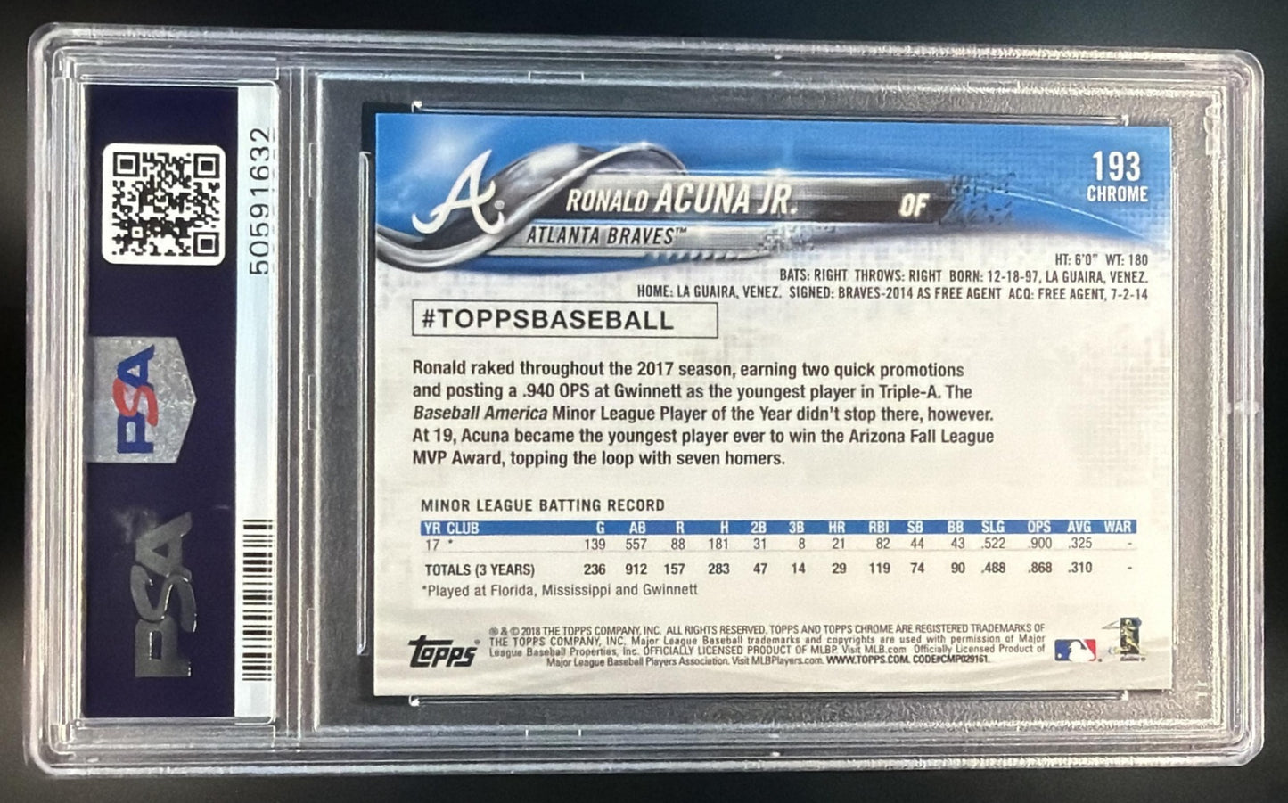 2018 Topps Chrome Ronald Acuna Jr. #193 RC Braves PSA 9