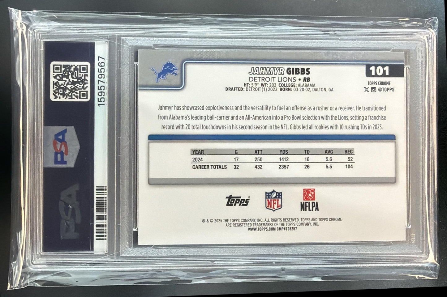2025 Topps Chrome Jahmyr Gibbs #101 Yellow Wave Refractor /275 Lions PSA 8 — back