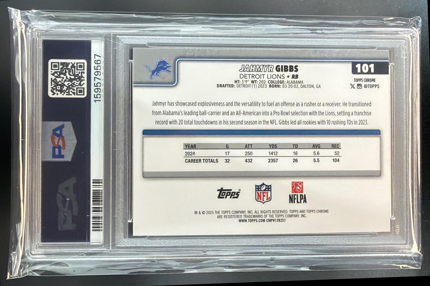 2025 Topps Chrome Jahmyr Gibbs #101 Yellow Wave Refractor /275 Lions PSA 8 — back