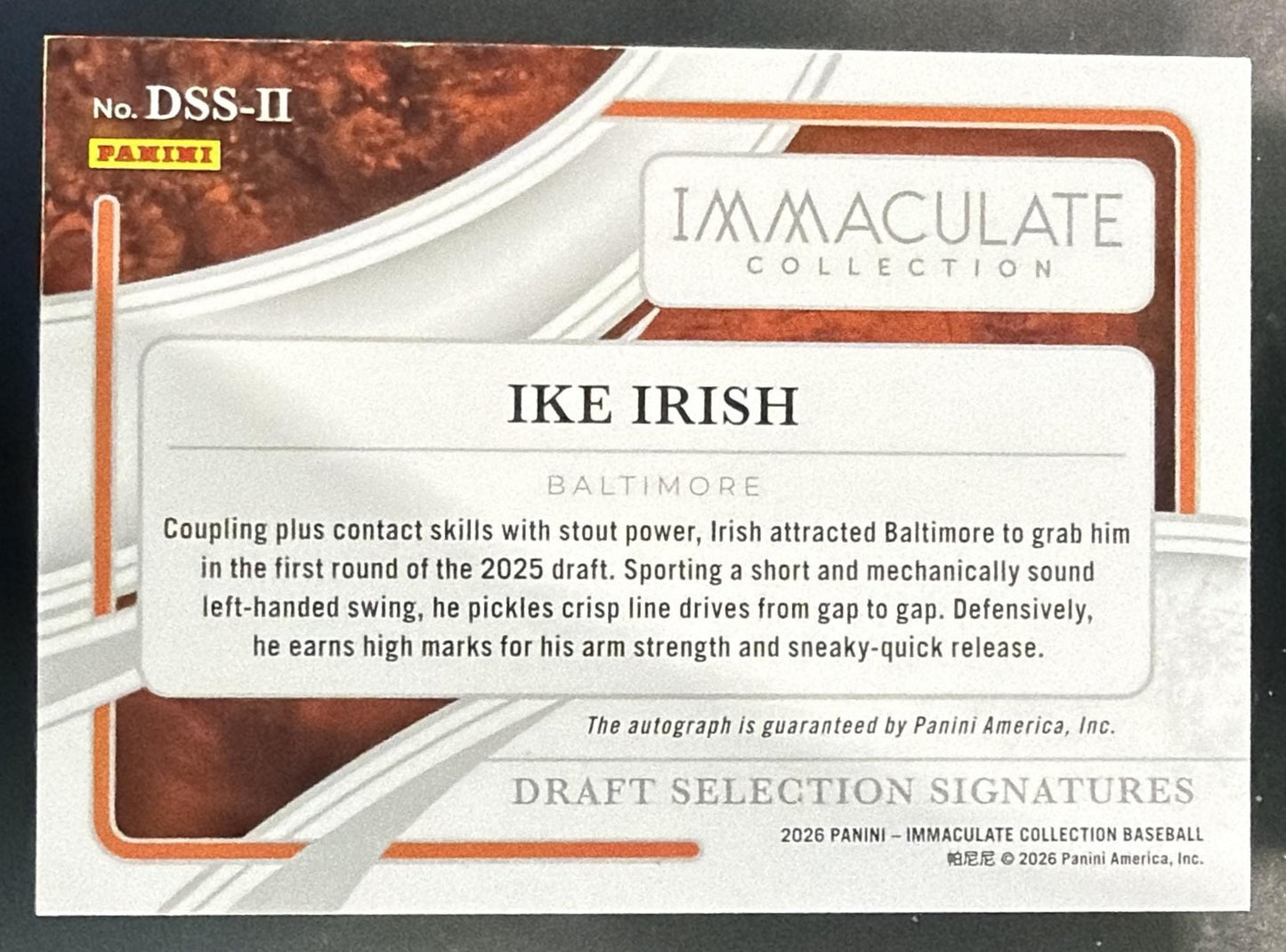 2026 Immaculate Collection Ike Irish Draft Selection Signatures Auto Blue /35 RC — back