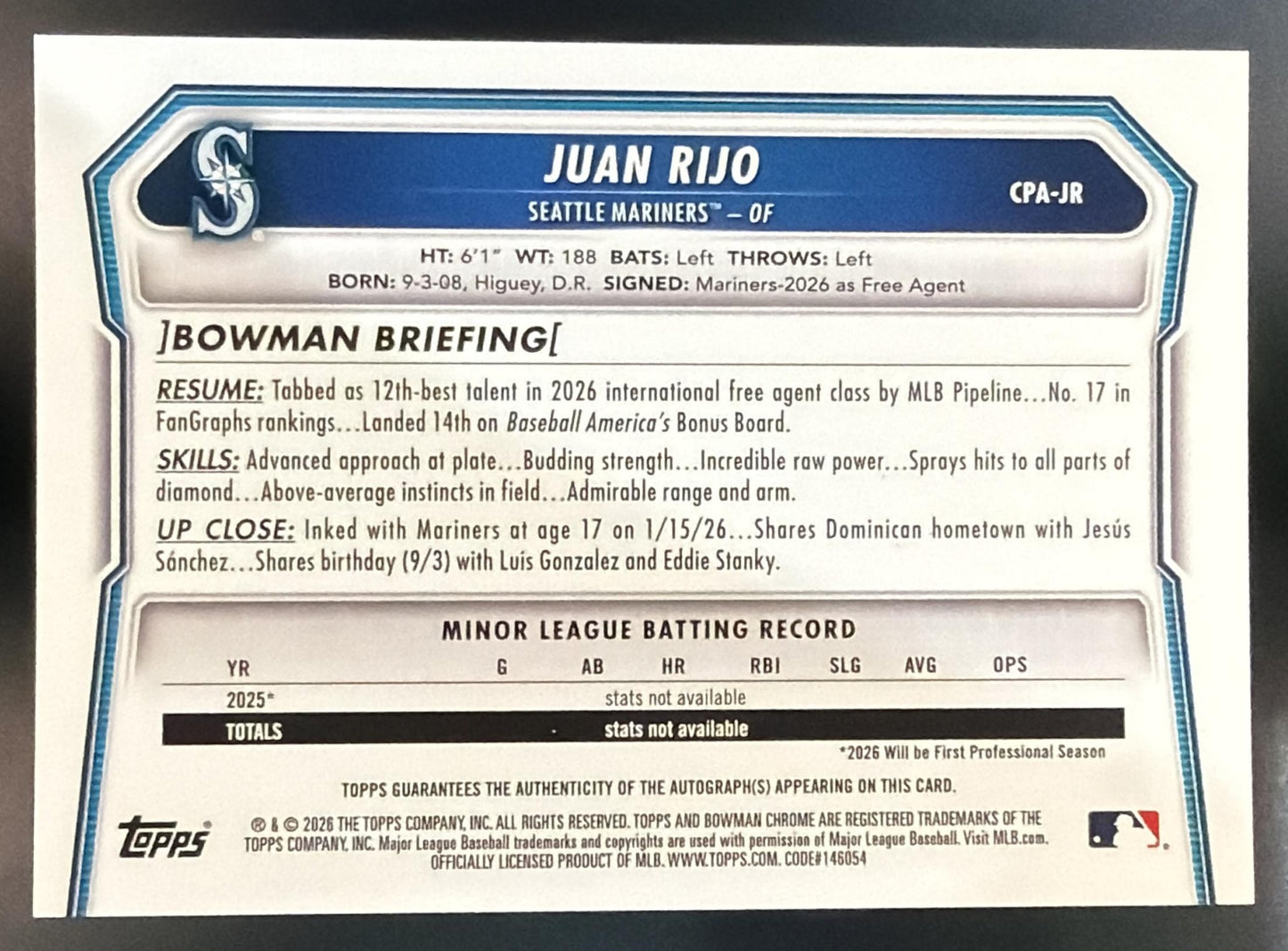 2026 Bowman Chrome Juan Rijo Auto Orange Shimmer Refractor /25 1st Prospect — back