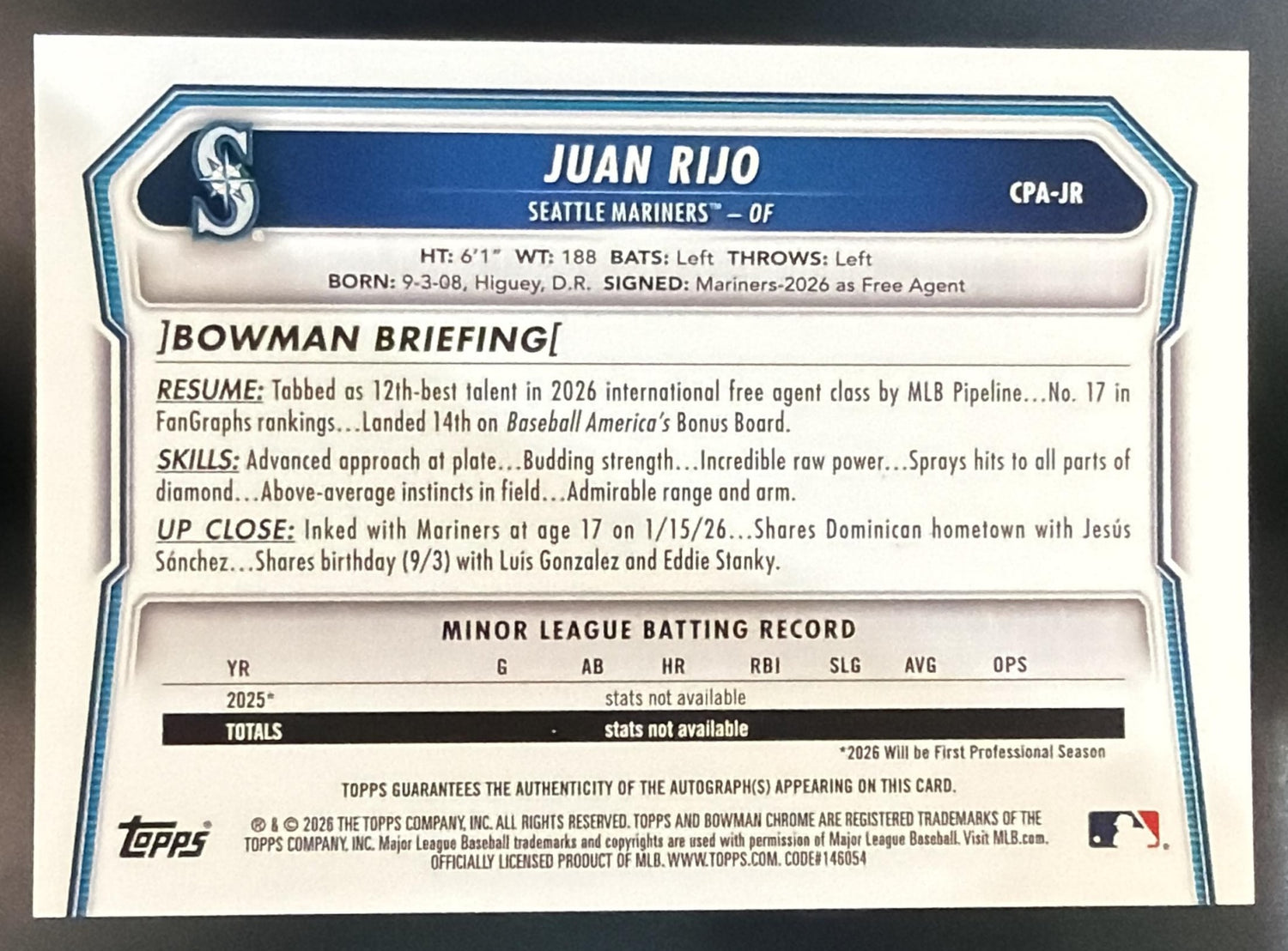 2026 Bowman Chrome Juan Rijo Auto Orange Shimmer Refractor /25 1st Prospect — back