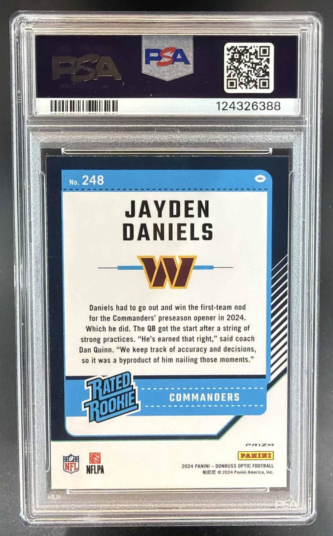 2024 Panini Donruss Optic Jayden Daniels #248 Purple Shock Rated Rookie PSA 9 — back