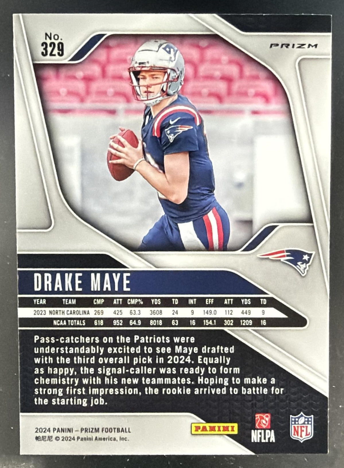 2024 Panini Prizm Drake Maye #329 Red White and Blue RC Patriots — back