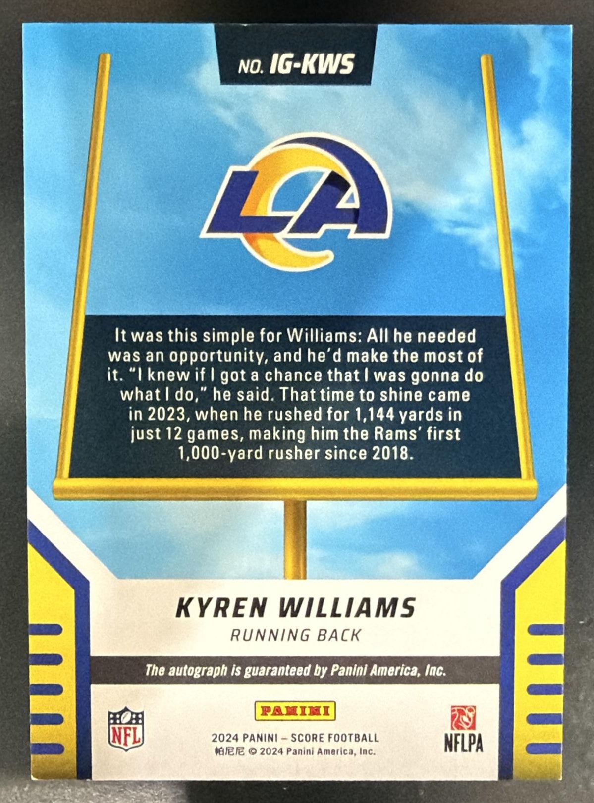 2024 Panini Score Kyren Williams #IG-KWS It's Good! Graphs Auto Rams — back