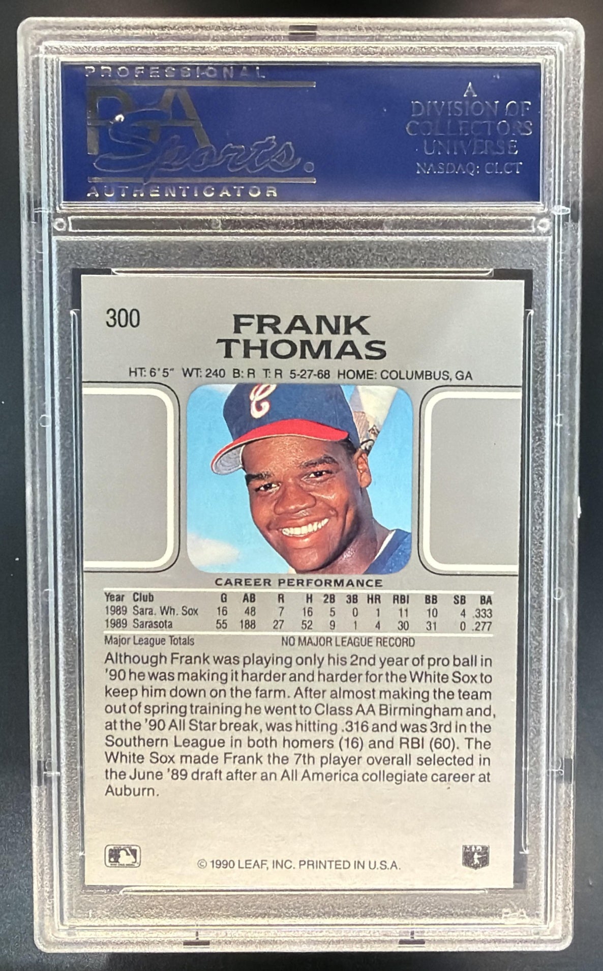 1990 Leaf Frank Thomas #300 UER RC White Sox PSA 9 — back