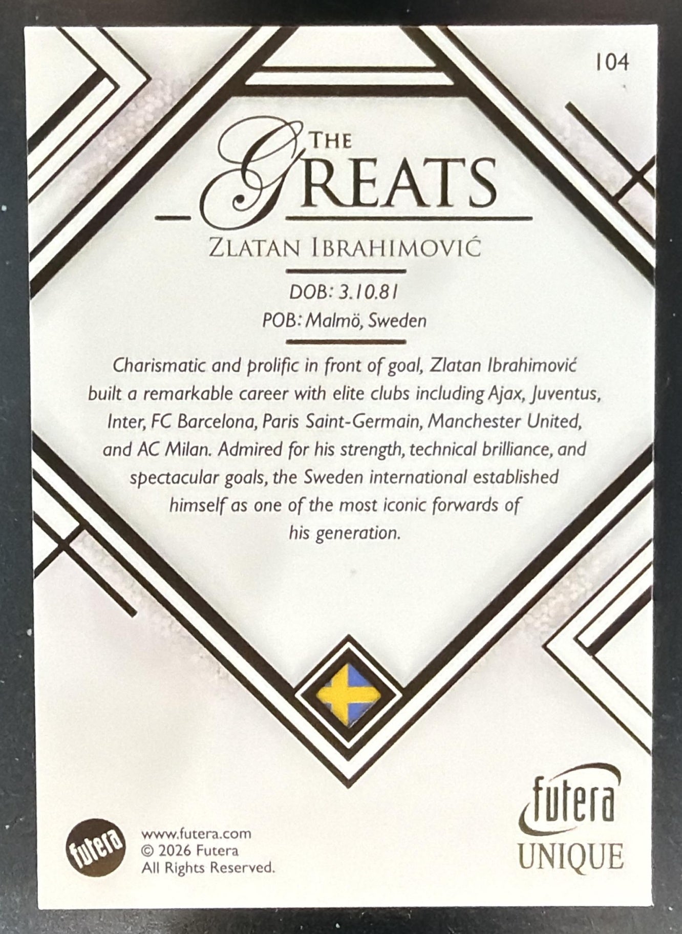 2026 Futera Unique Zlatan Ibrahimovic The Greats — back