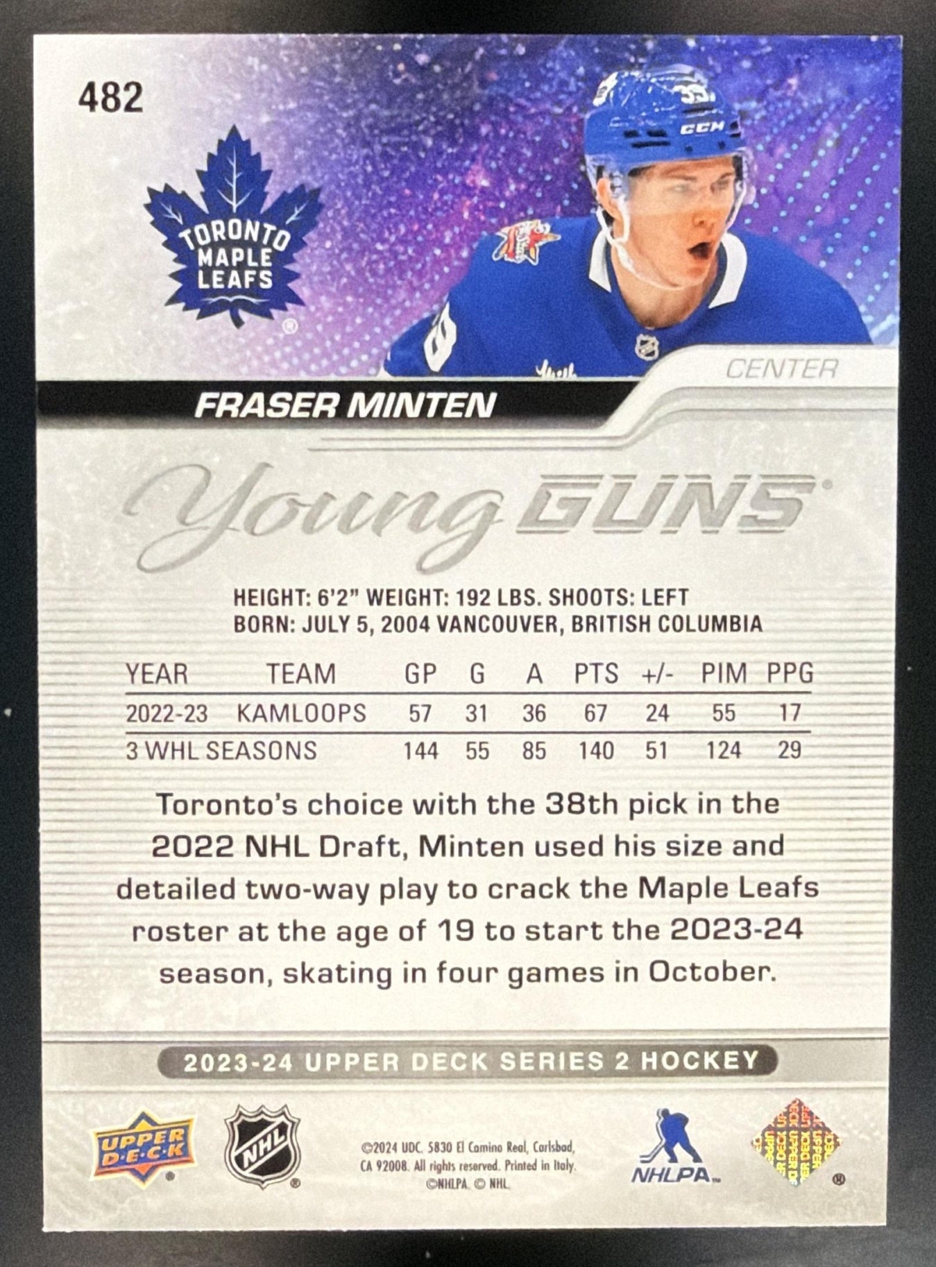 2023-24 Upper Deck Fraser Minten #482 Young Guns RC Maple Leafs — back