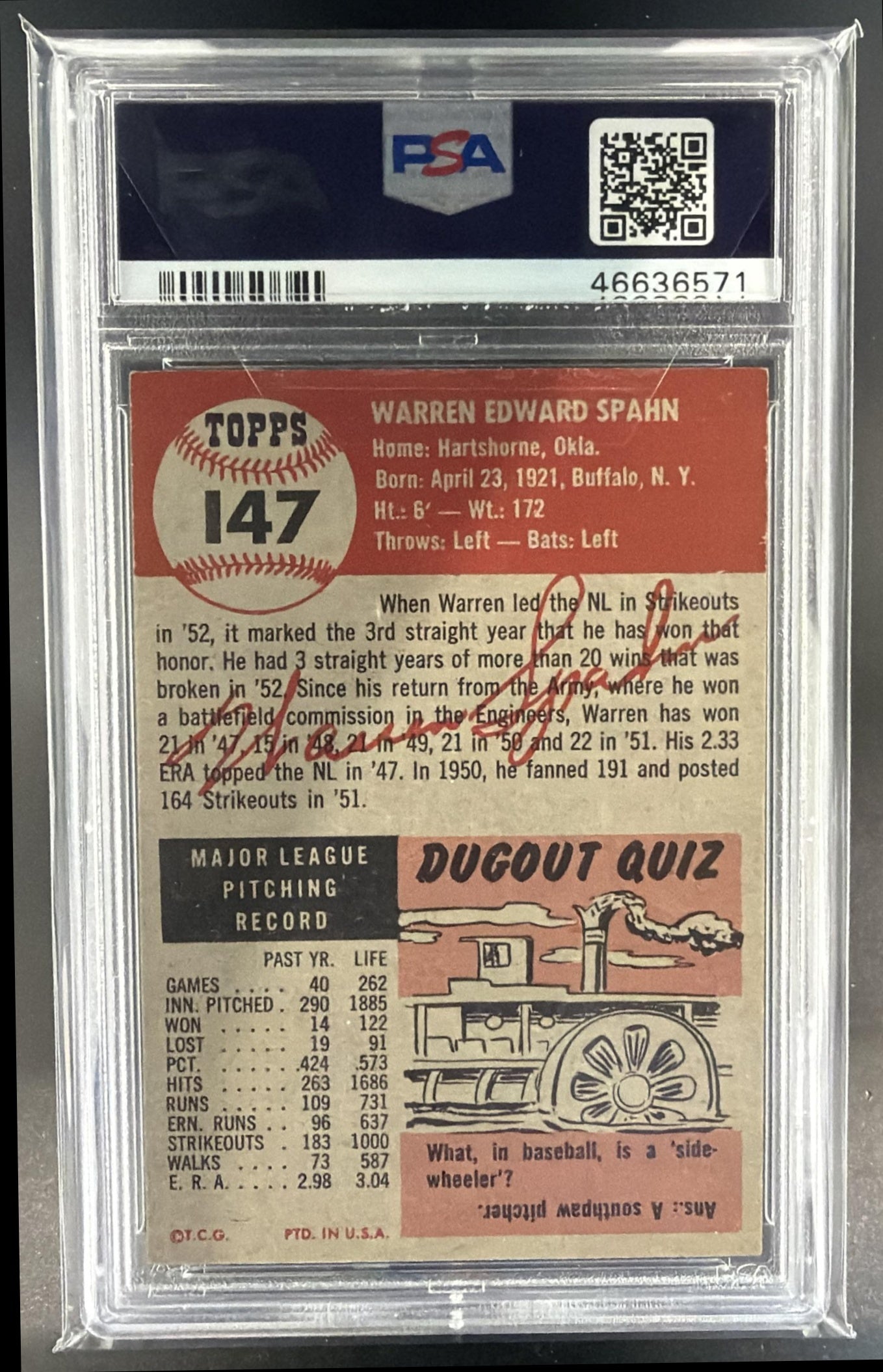 1953 Topps Warren Spahn #147b Braves PSA 3 — back