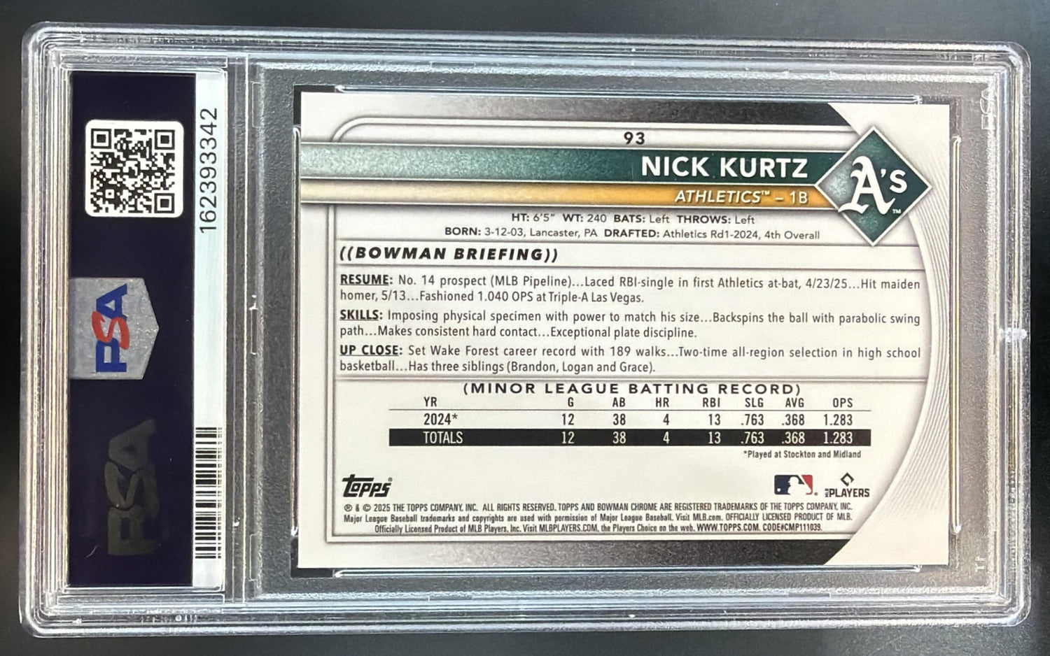 2025 Bowman Chrome Mega Box Nick Kurtz #93 Pink Mojo Refractor /199 RC PSA 8 — back