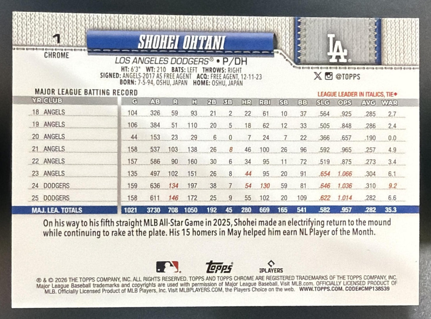 2026 Topps Chrome Shohei Ohtani #1 X-Fractor Dodgers — back