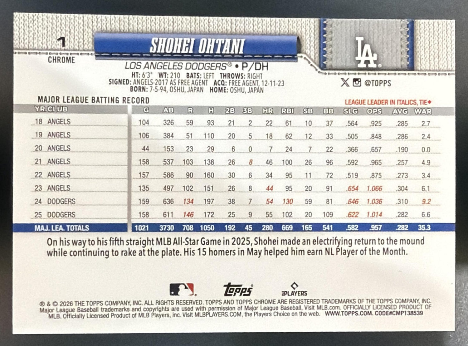 2026 Topps Chrome Shohei Ohtani #1 X-Fractor Dodgers — back