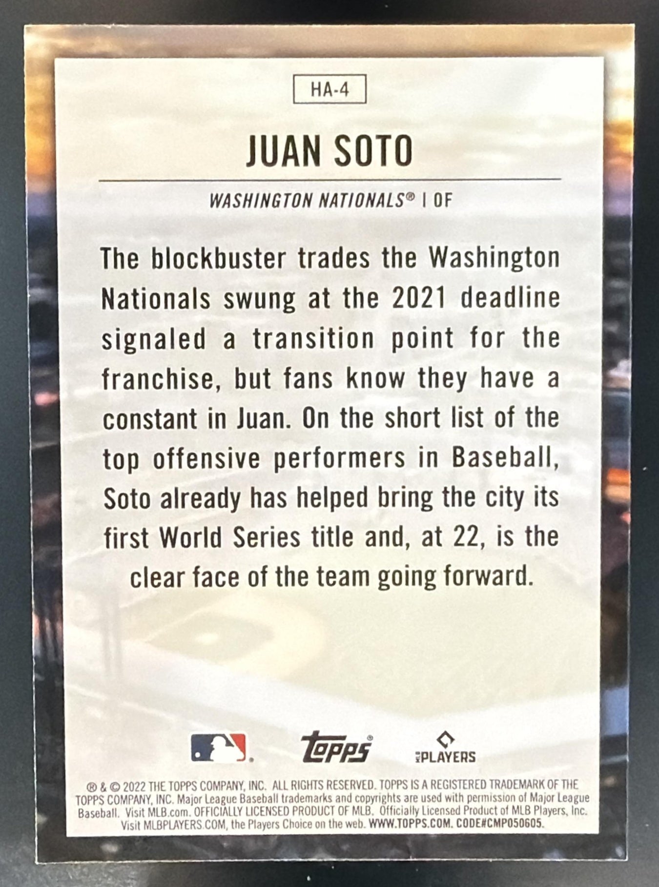 2022 Topps Juan Soto #HA-4 Home Field Advantage Nationals — back