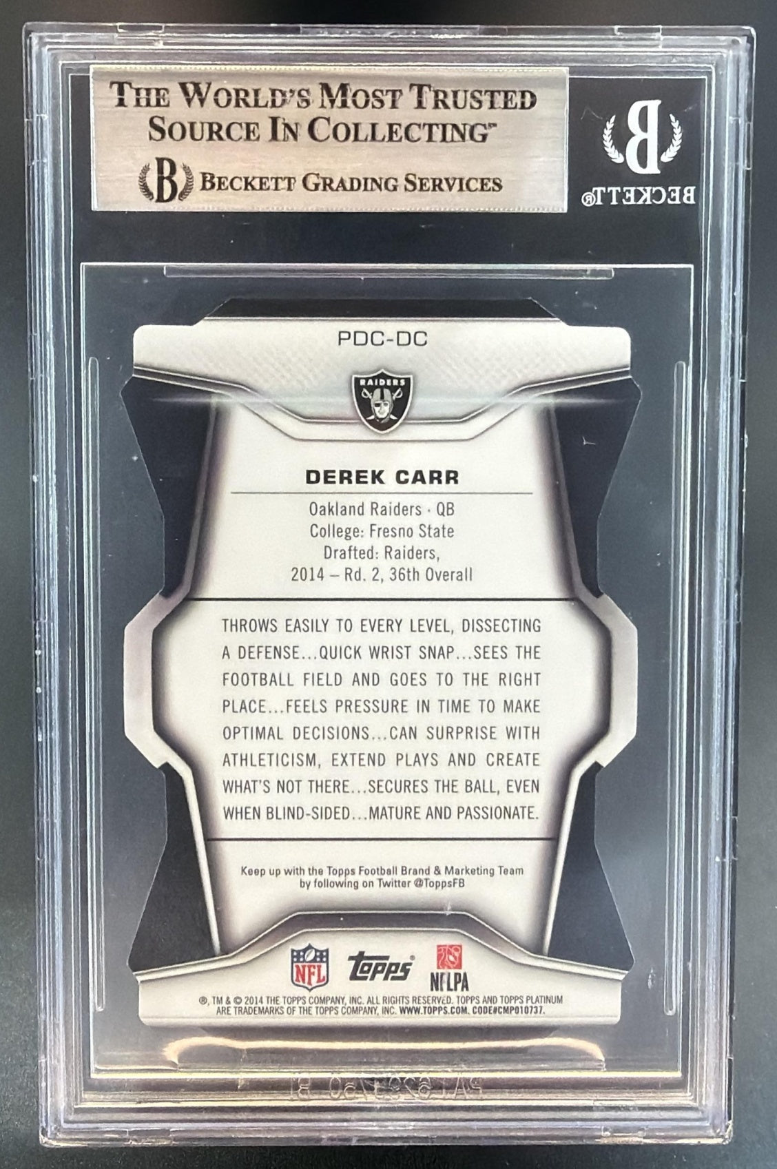 2014 Topps Platinum Derek Carr #PDC-DC Rookie Die Cut RC Raiders BGS 8.5 — back