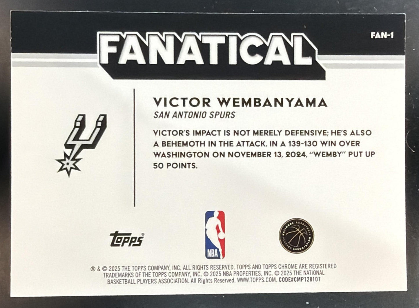 2025-26 Topps Chrome Victor Wembanyama #FAN-1 Fanatical SSP Spurs — back