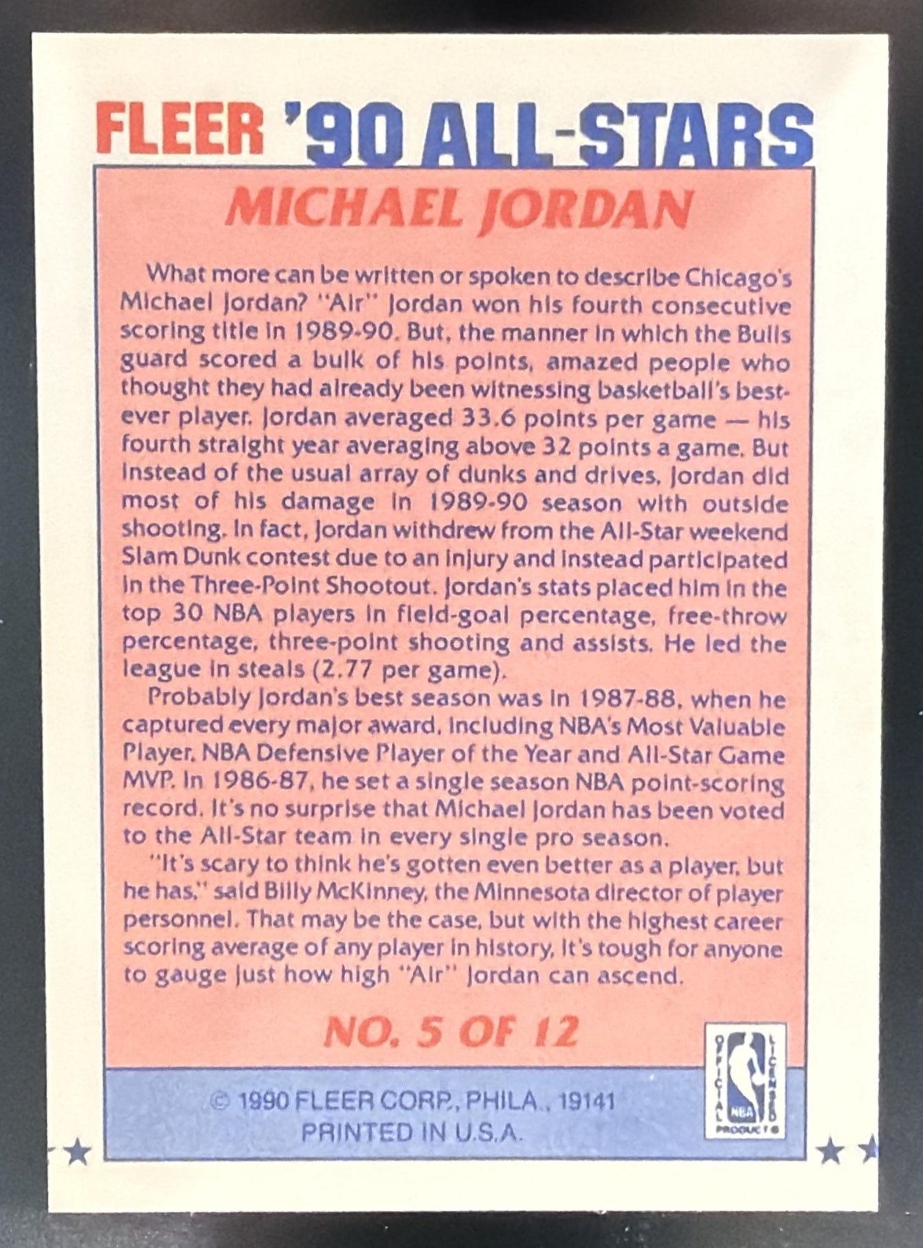 1990-91 Fleer Michael Jordan #5 All Stars Bulls — back