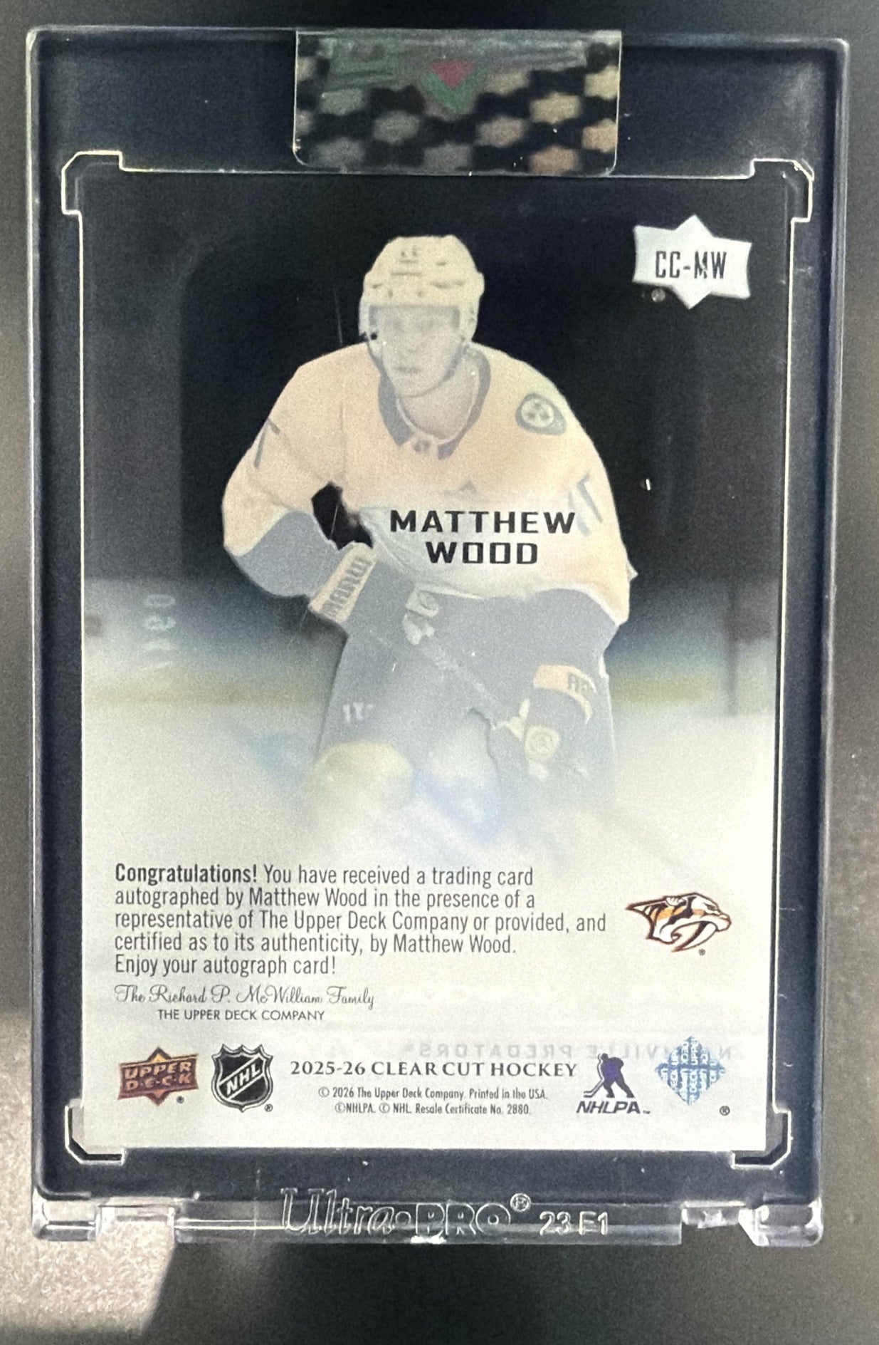 2025 Upper Deck Clear Cut Matthew Wood #CC-MW - Rookies /299 RC Auto — back