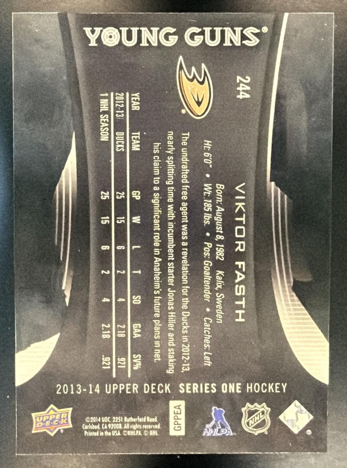 2013-14 Upper Deck Viktor Fasth #244 Young Guns Acetate RC Ducks — back