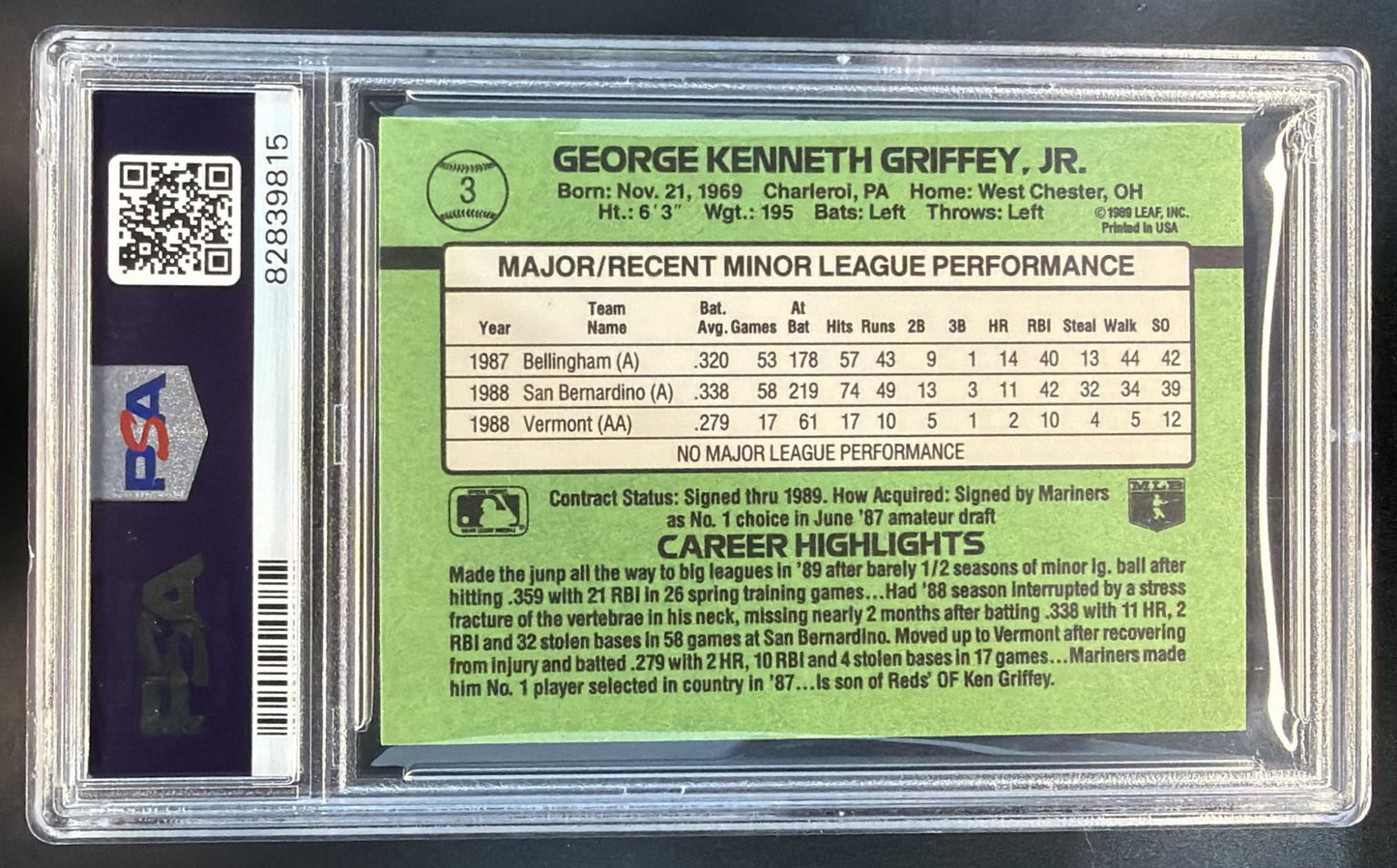 1989 Donruss The Rookies Ken Griffey, Jr. #3 RC Mariners PSA 9 — back