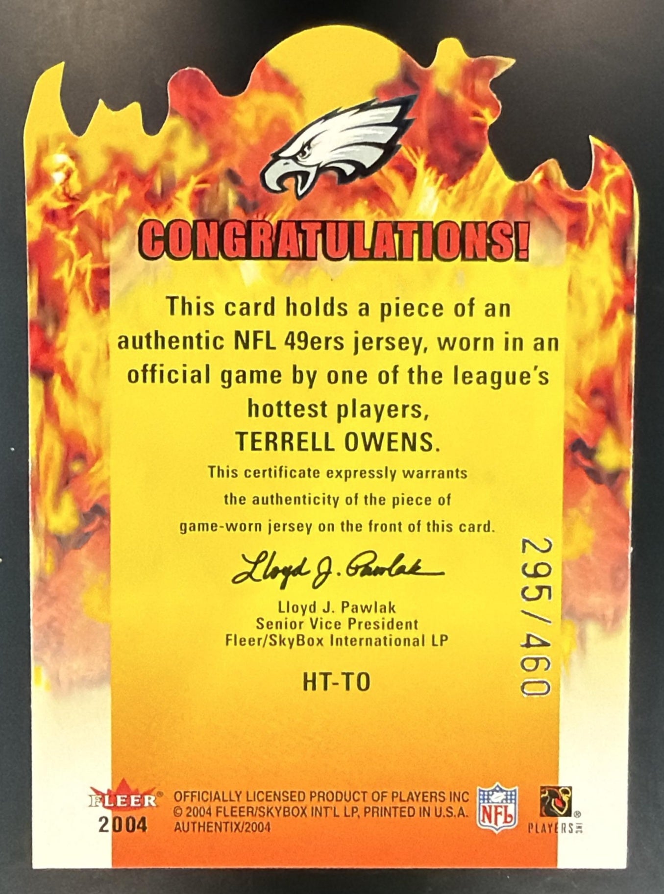 2004 Fleer Authentix Terrell Owens #HT-TO Hot Ticket Jersey 295/460 Eagles — back