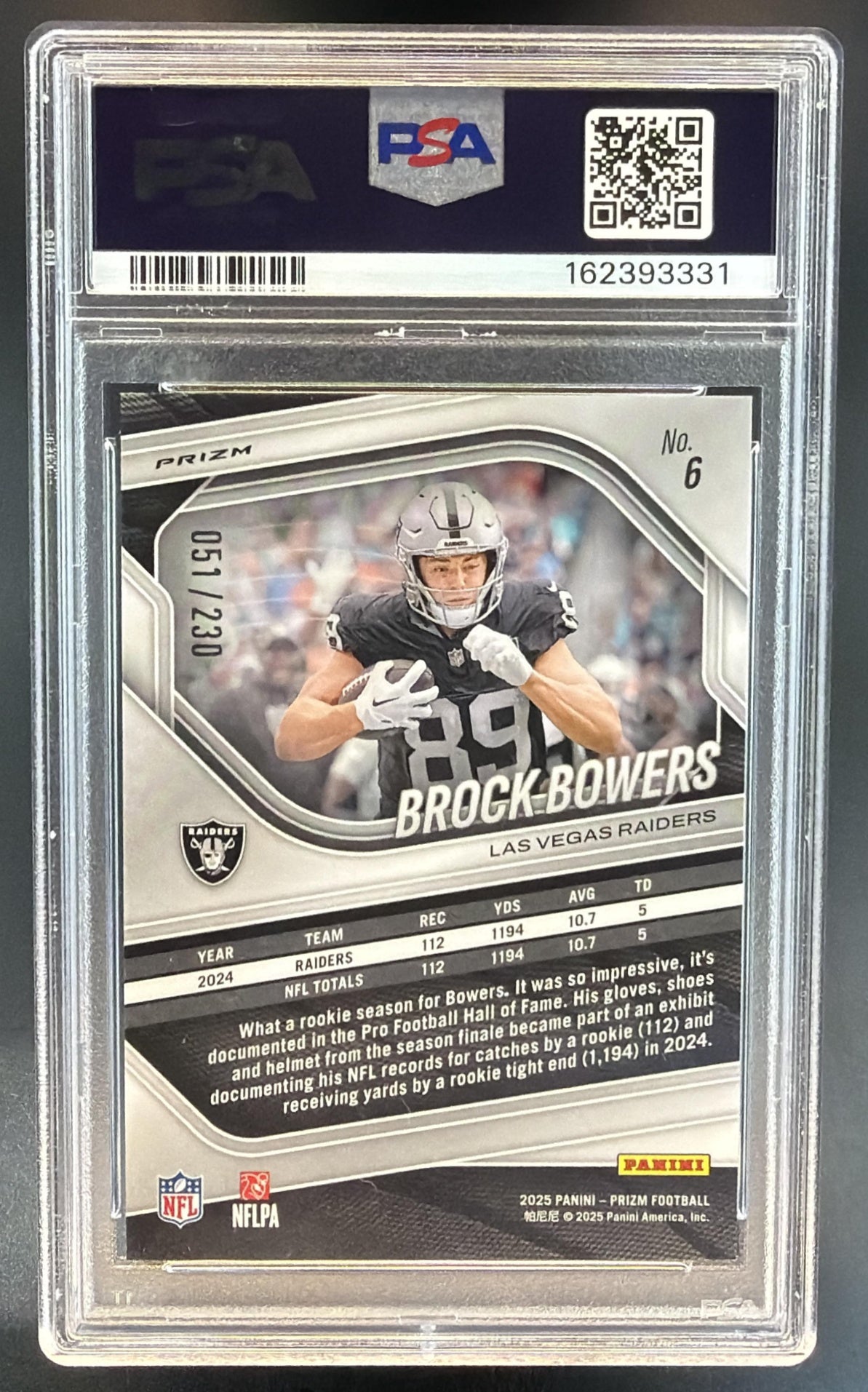 2025 Panini Prizm Brock Bowers #6 Blue Wave 51/230 Raiders PSA 10 — back