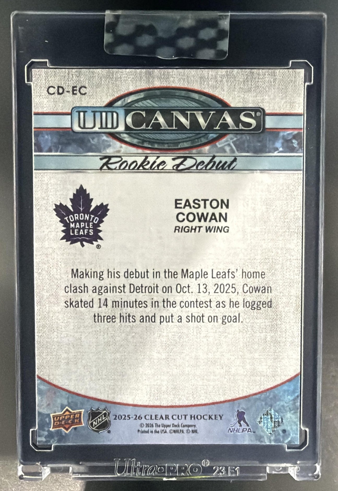2025 Upper Deck Clear Cut Easton Cowan #CD-EC Canvas Rookie Debuts — back