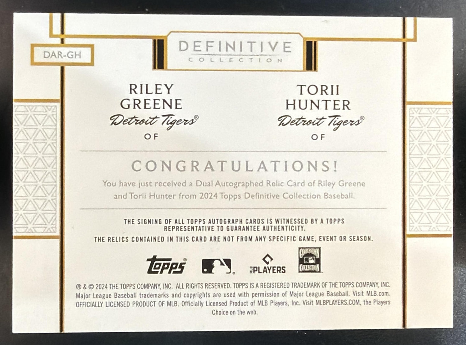 2024 Topps Definitive Riley Greene Torii Hunter Dual Auto Relics Purple /10 — back