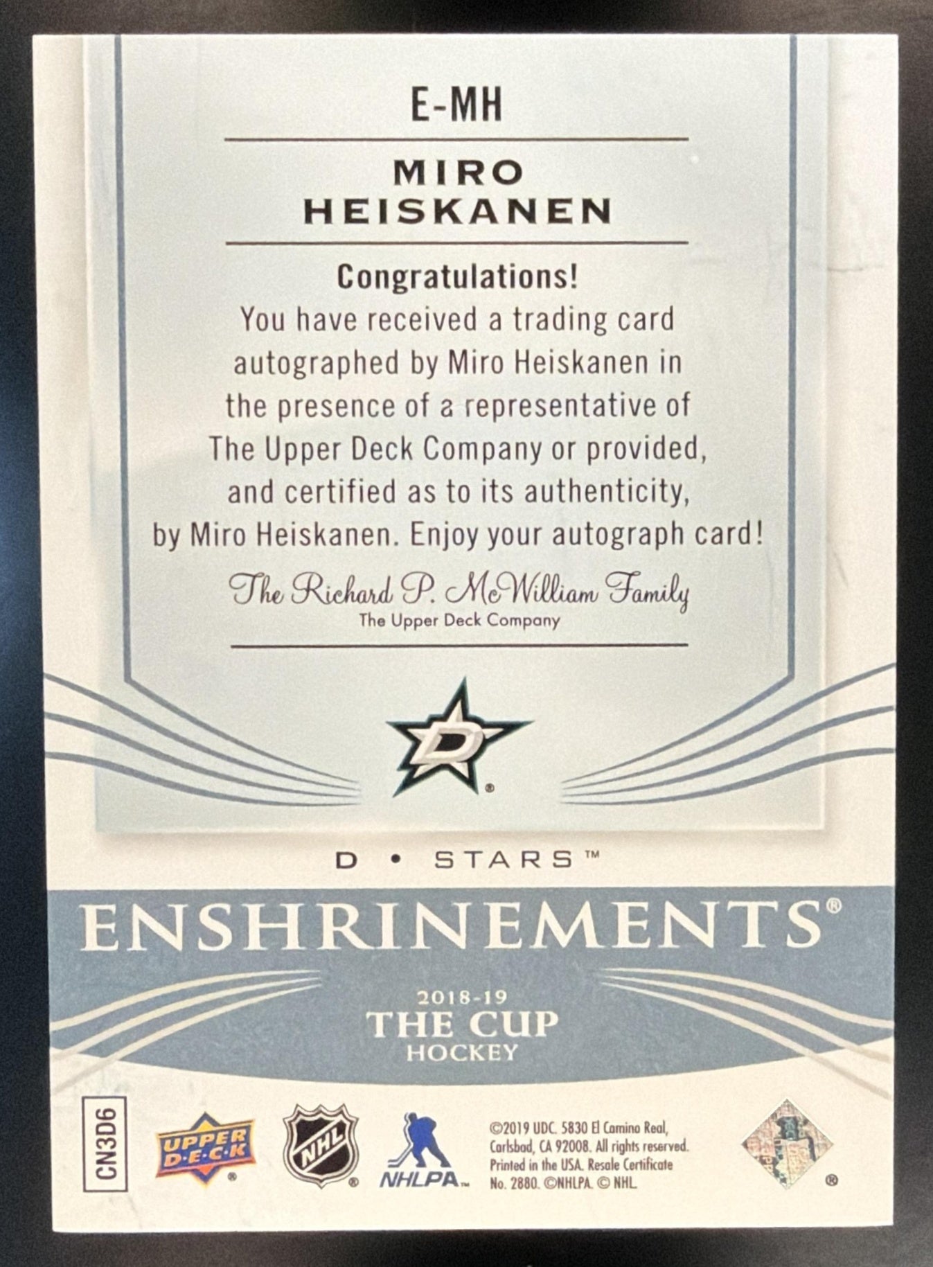 2018 Upper Deck The Cup Miro Heiskanen #E-MH Enshrinements Auto /99 RC — back