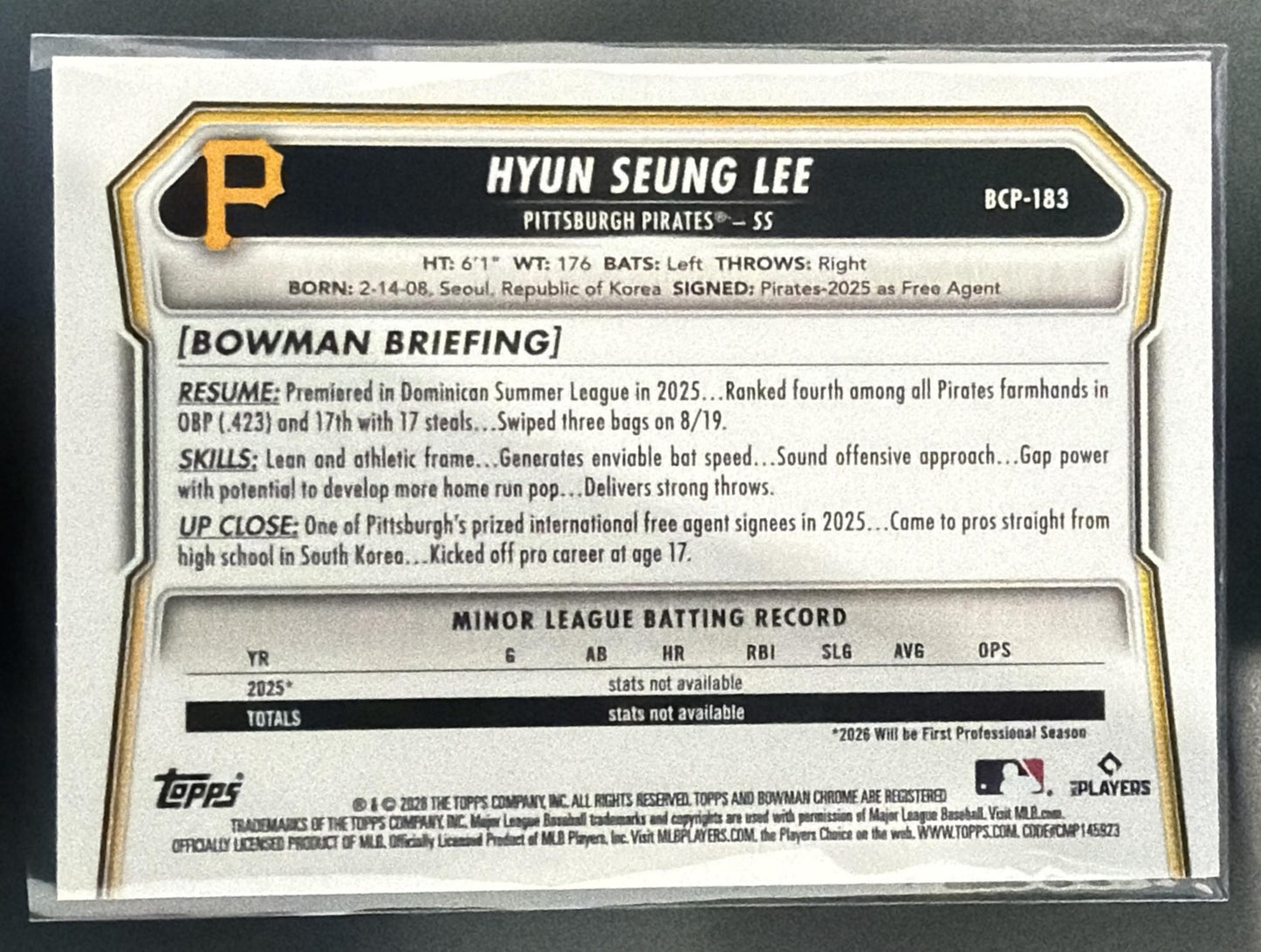 2026 Bowman Chrome Hyun Seung Lee #BCP-183 League Logofractor 1st Prospect — back