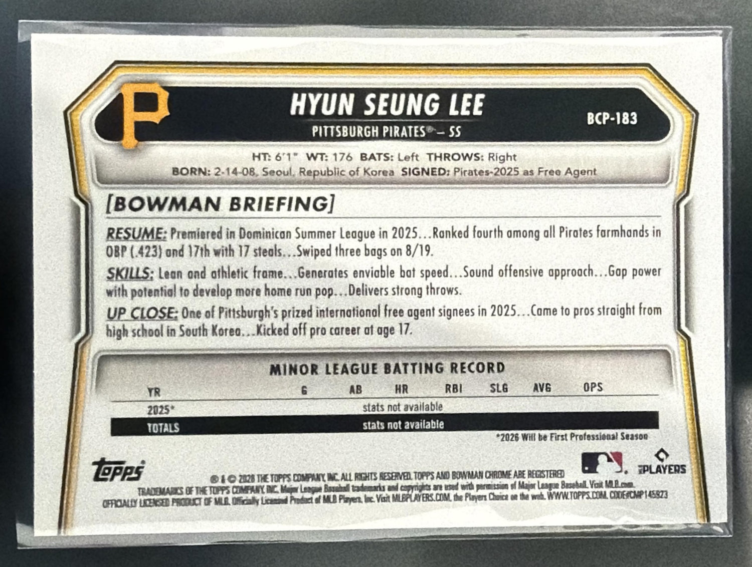 2026 Bowman Chrome Hyun Seung Lee #BCP-183 League Logofractor 1st Prospect — back