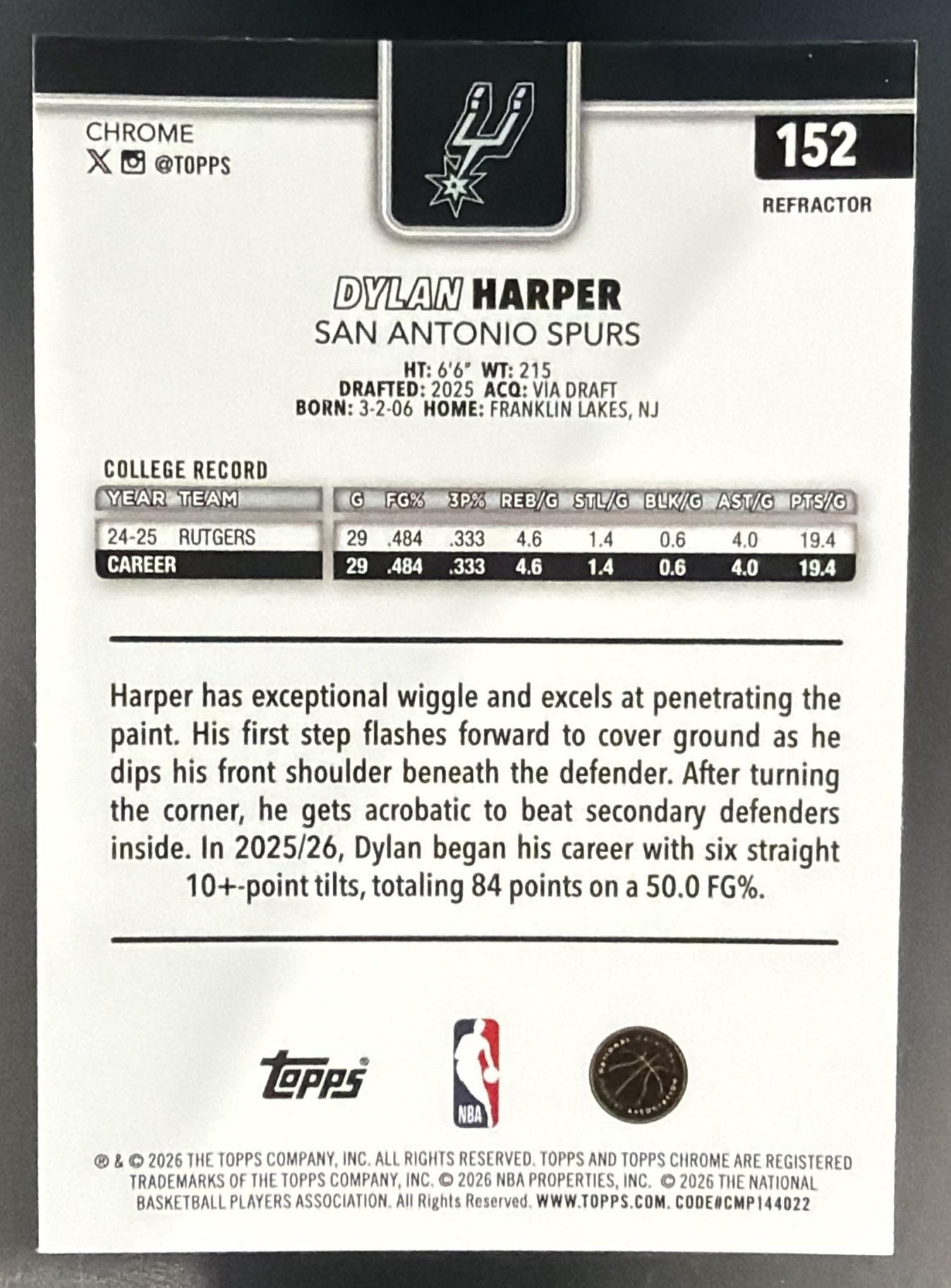 2025-26 Topps Chrome Update Dylan Harper #152 Refractor RC Spurs — back