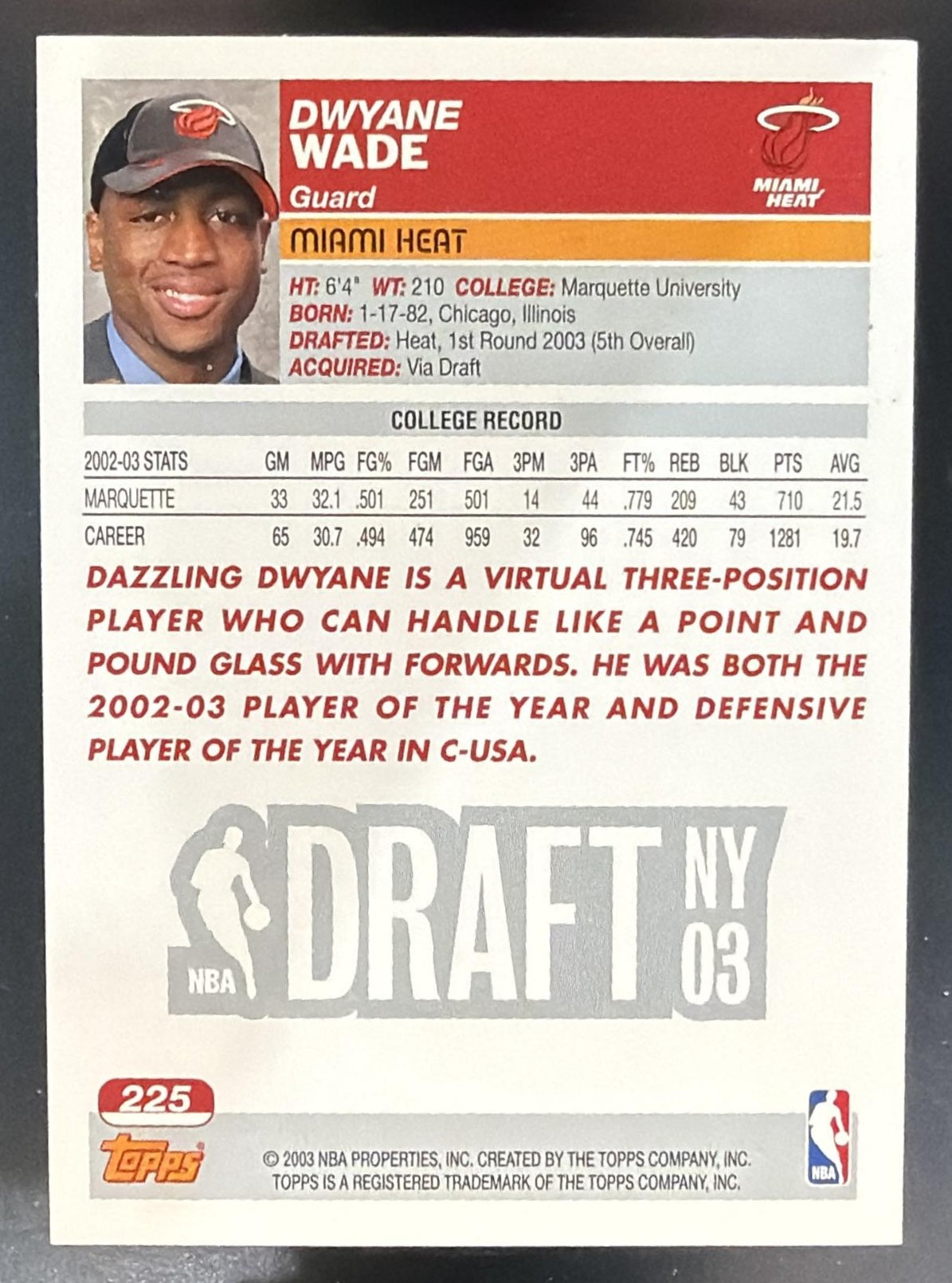 2003-04 Topps Dwyane Wade #225 RC Heat — back