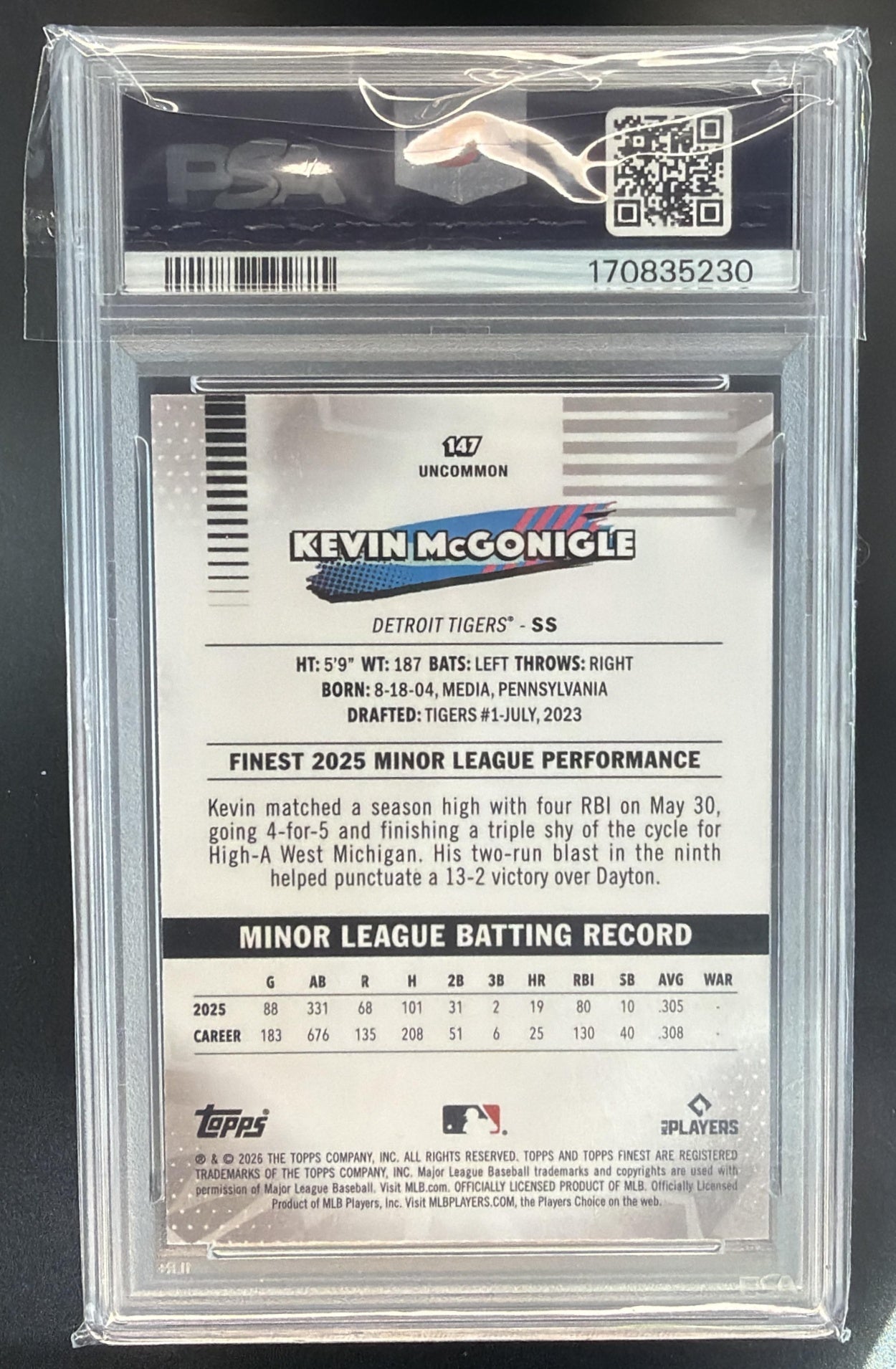 2026 Topps Finest Kevin McGonigle Pink Mini-Diamond Refractor /250 RC PSA 8 — back