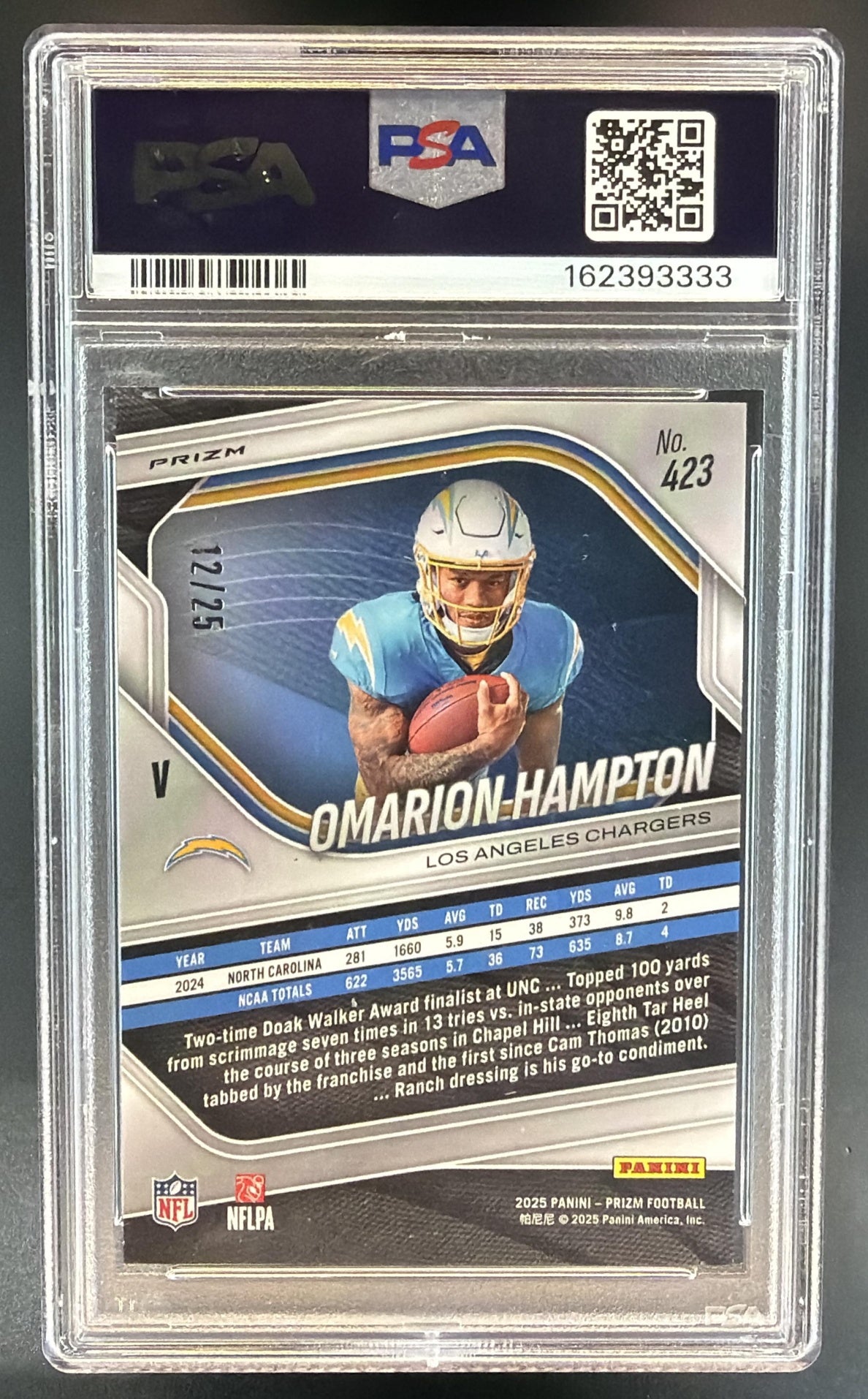 2025 Panini Prizm Omarion Hampton #423 Rookie Variations Mojo /25 PSA 10 — back