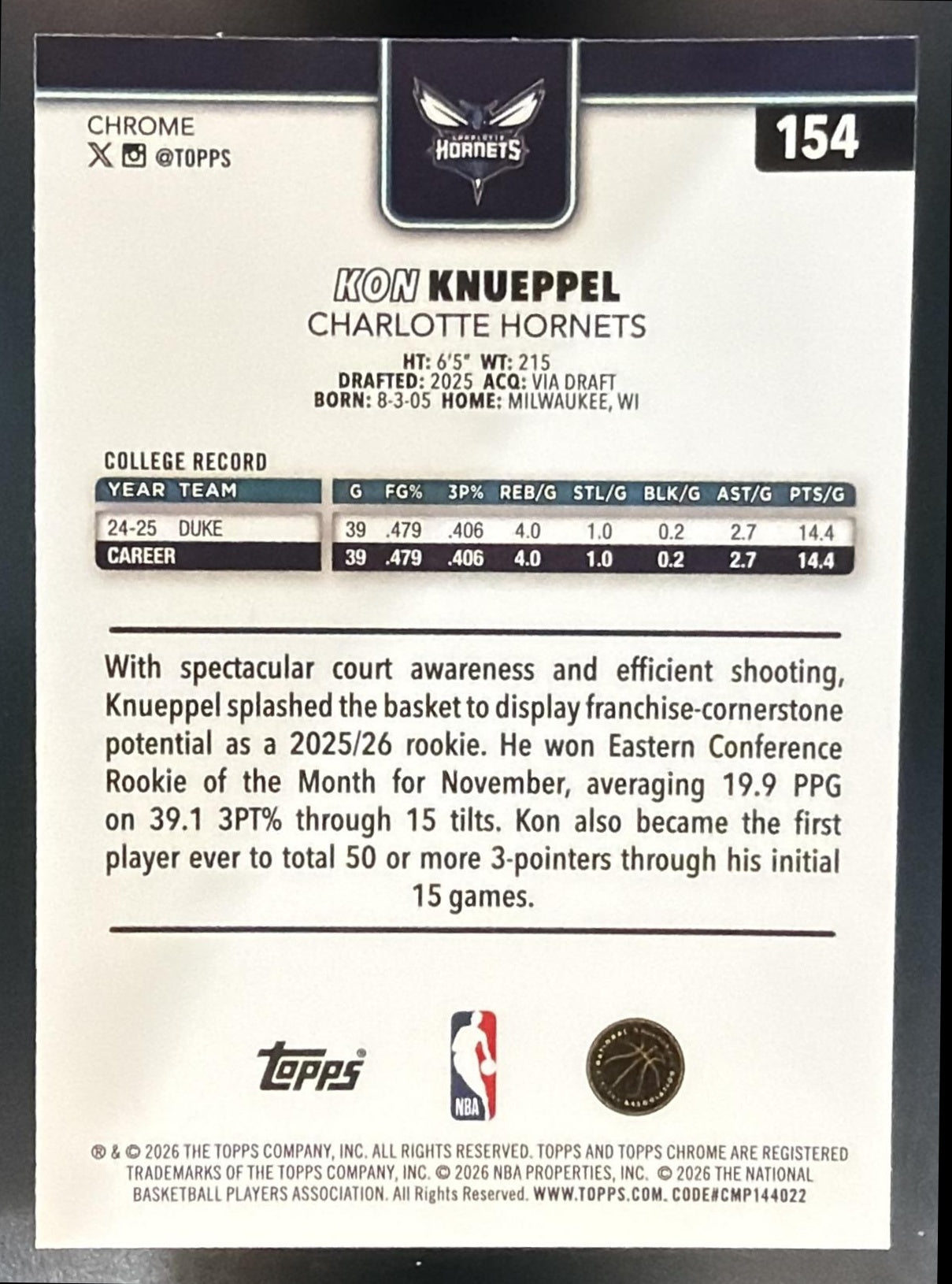 2025 Topps Chrome Update Kon Knueppel #154 Red White and Blue Refractor RC — back