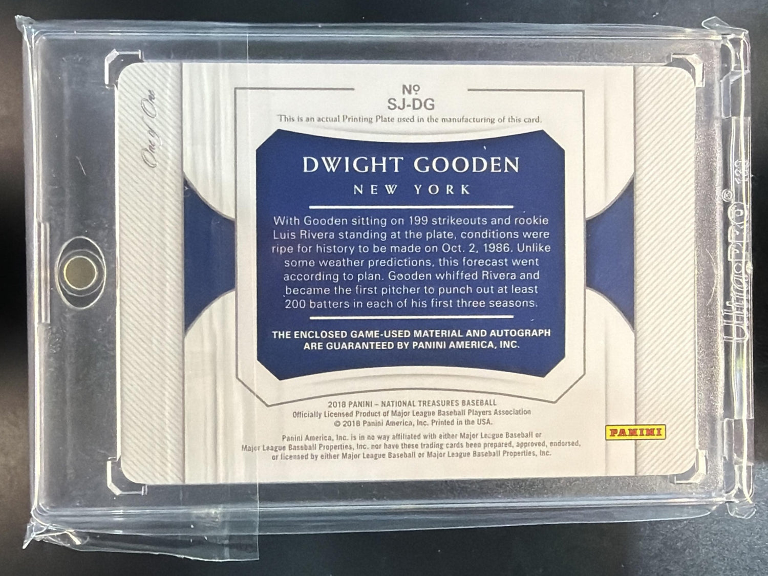 2018 National Treasures Dwight Gooden Signature Printing Plate 1/1 MEM Auto — back