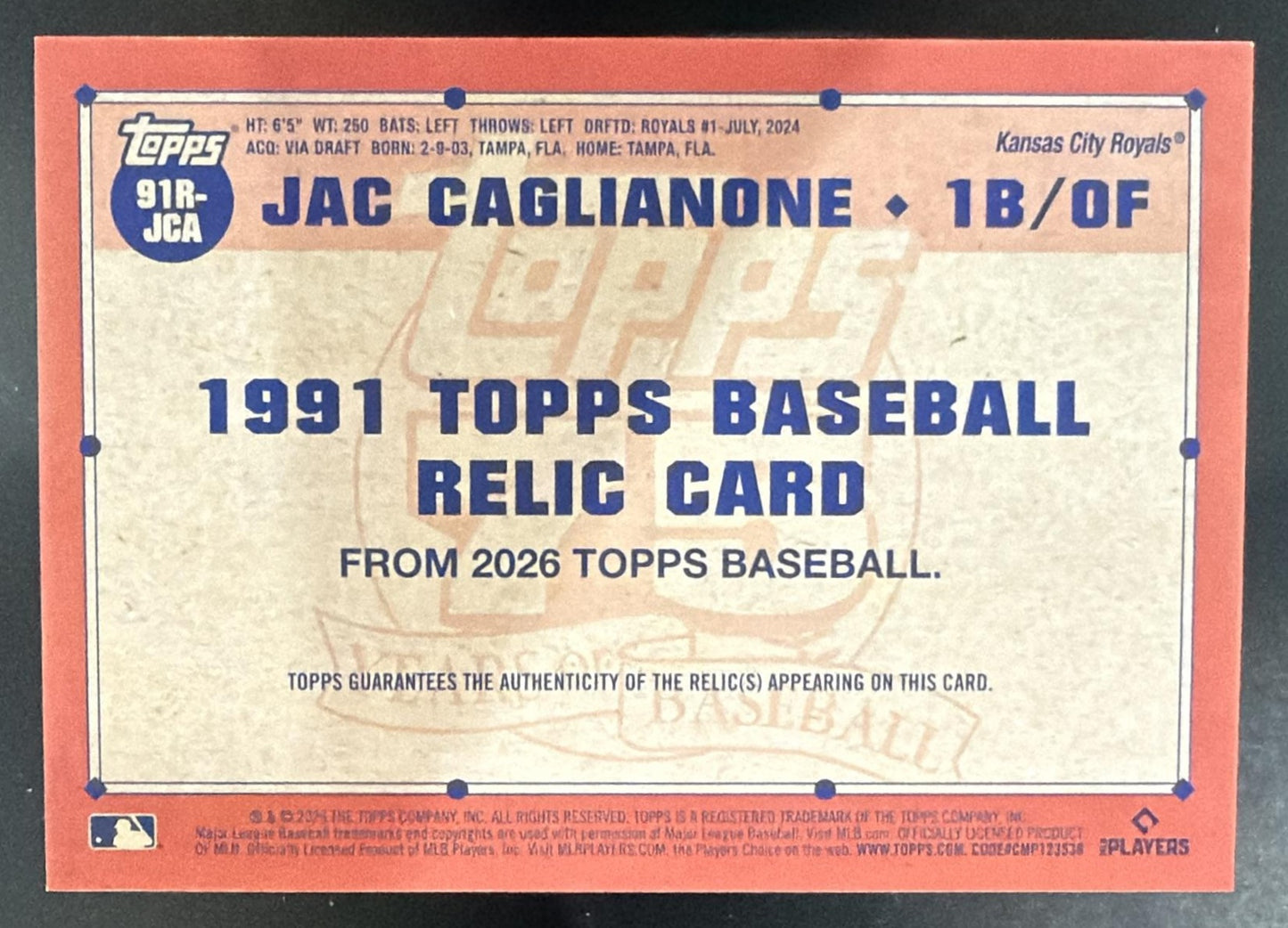 2026 Topps Series 1 Jac Caglianone #91R-JCA 1991 Relic RC Royals — back