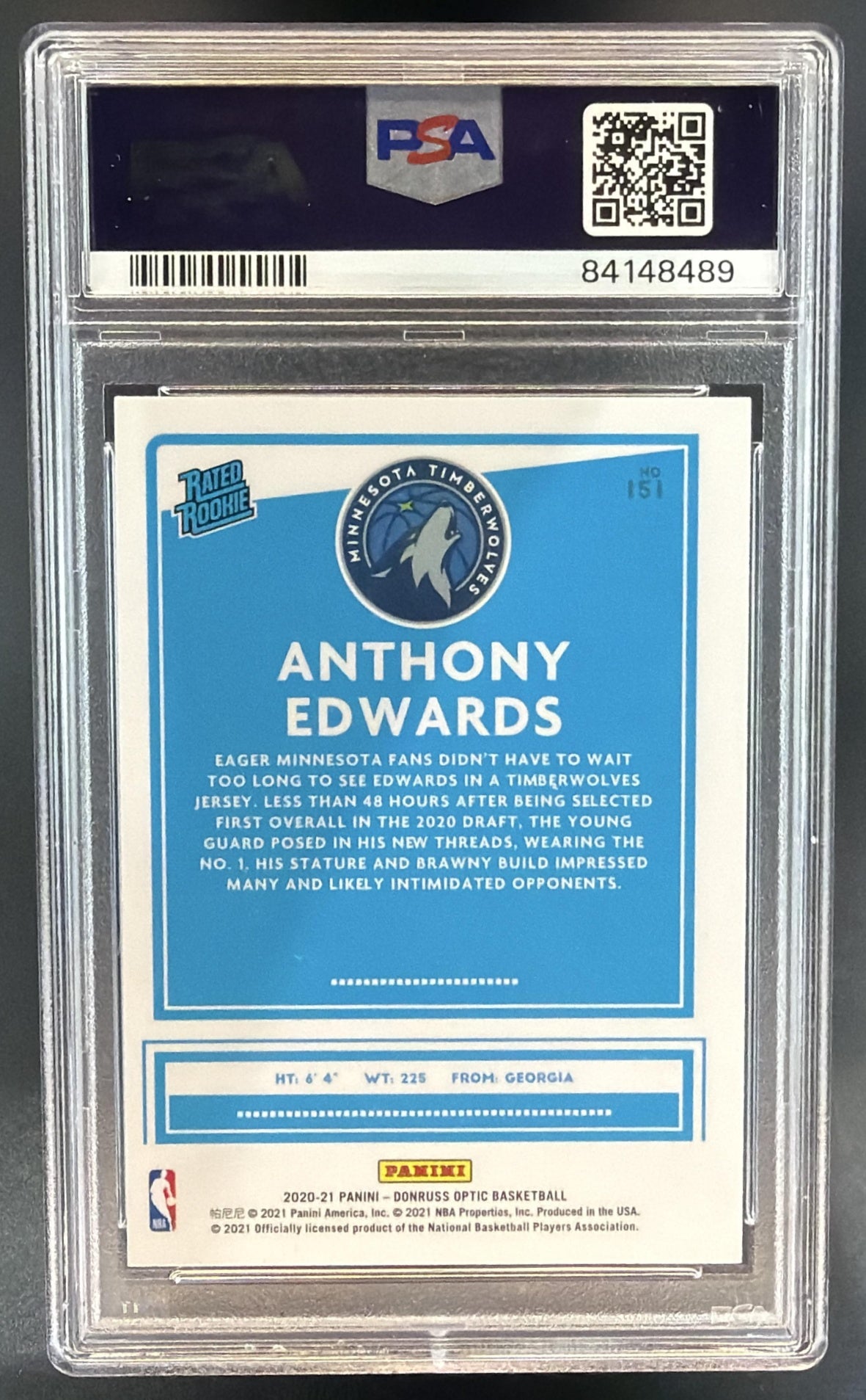 2020-21 Panini Donruss Optic Anthony Edwards #151 RC Timberwolves PSA 9 — back