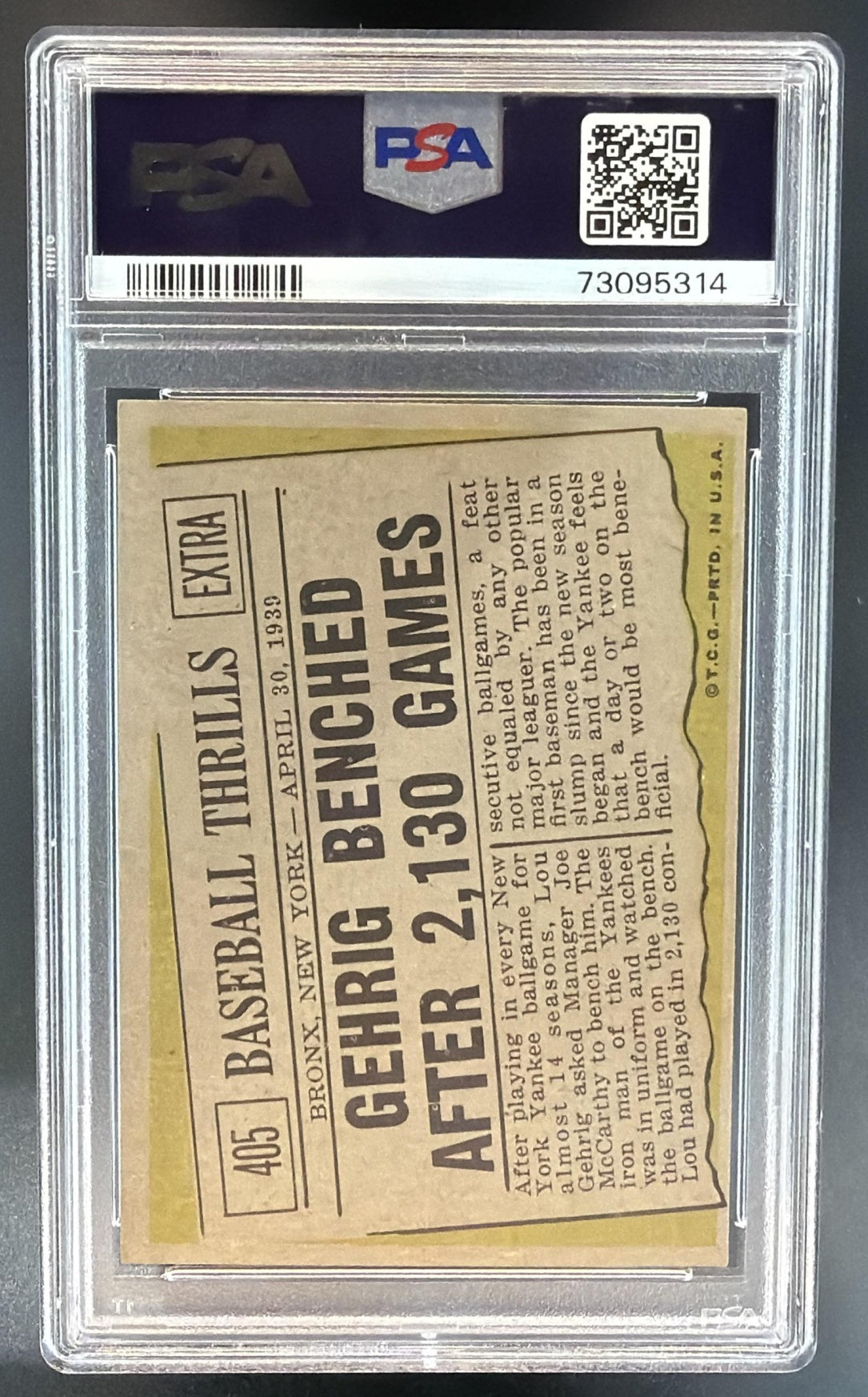 1961 Topps Gehrig Benched After 2130 Games BT #405 Yankees PSA 5 — back