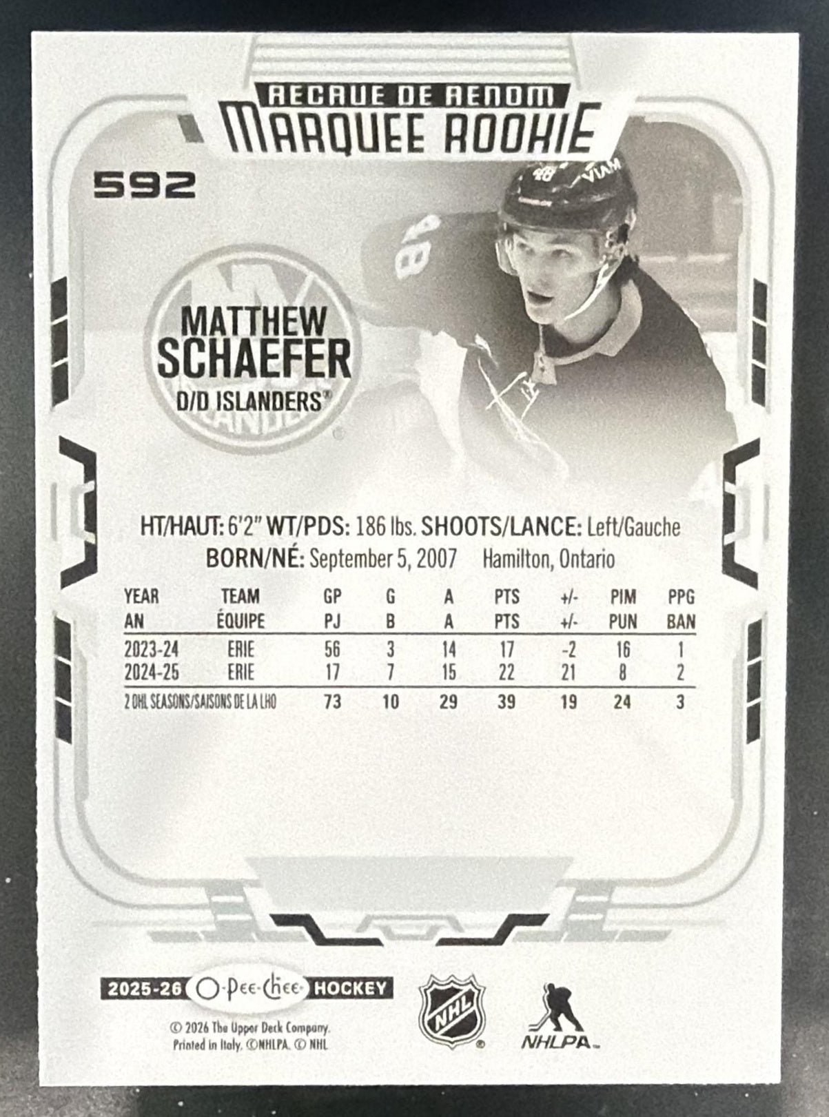 2025-26 Upper Deck O-Pee-Chee Matthew Schaefer #592 RC Marquee Rookie Islanders — back