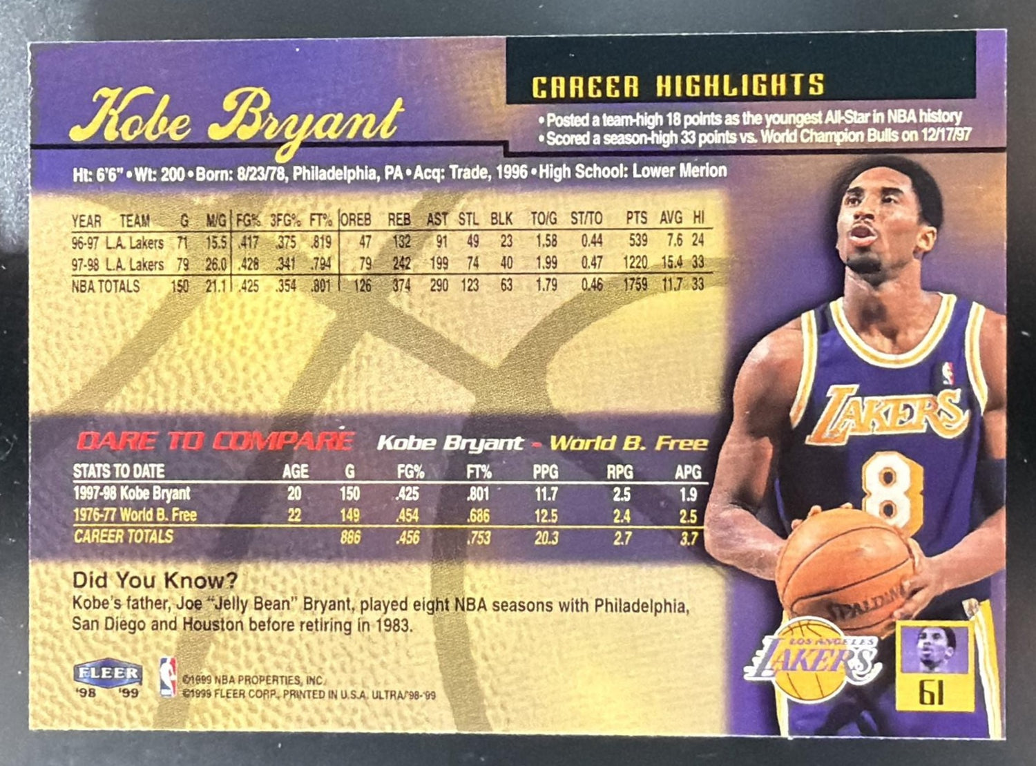 1998-99 Fleer Ultra Kobe Bryant #61 Lakers — back