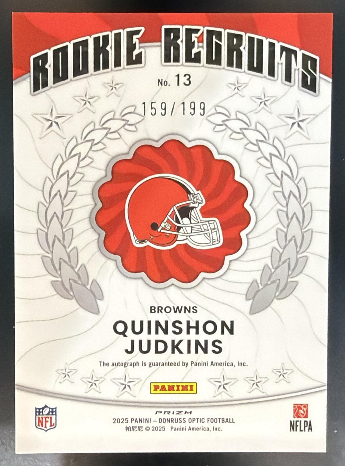 2025 Panini Donruss Optic Quinshon Judkins #13 Rookie Recruits Auto /199 RC — back