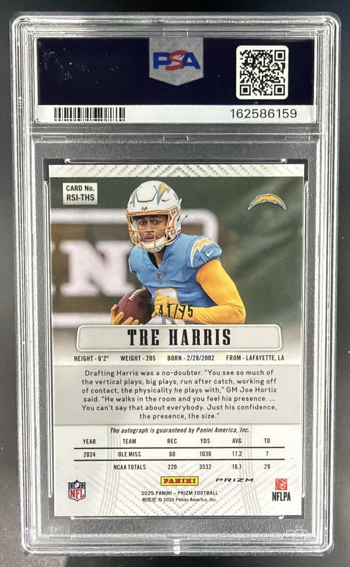 2025 Panini Select Tre Harris Rookie Signatures Green Scope /75 Auto PSA 10 — back
