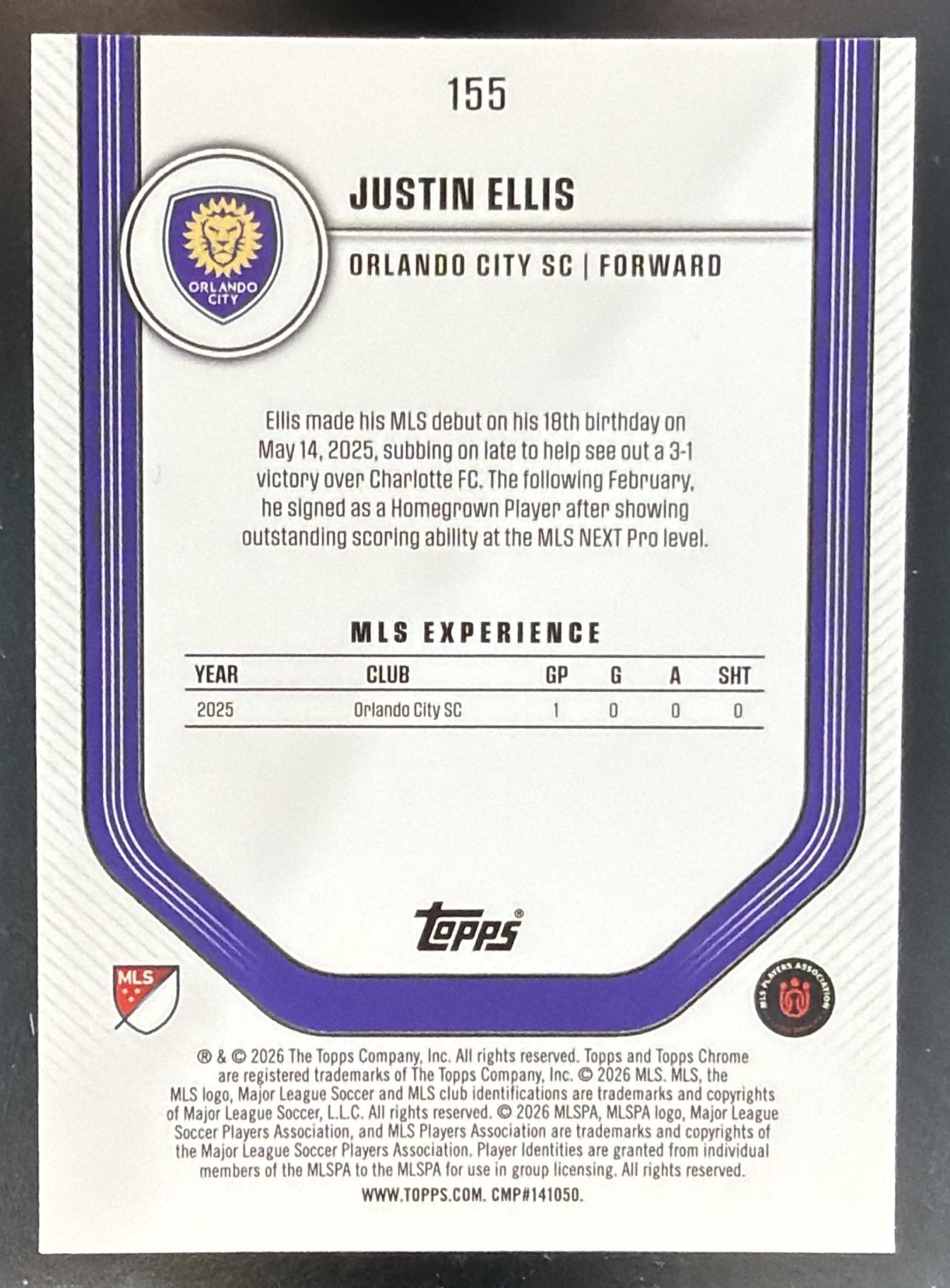 2026 Topps Chrome MLS Justin Ellis #155 Purple Mini-Diamond Refractor /75 RC — back
