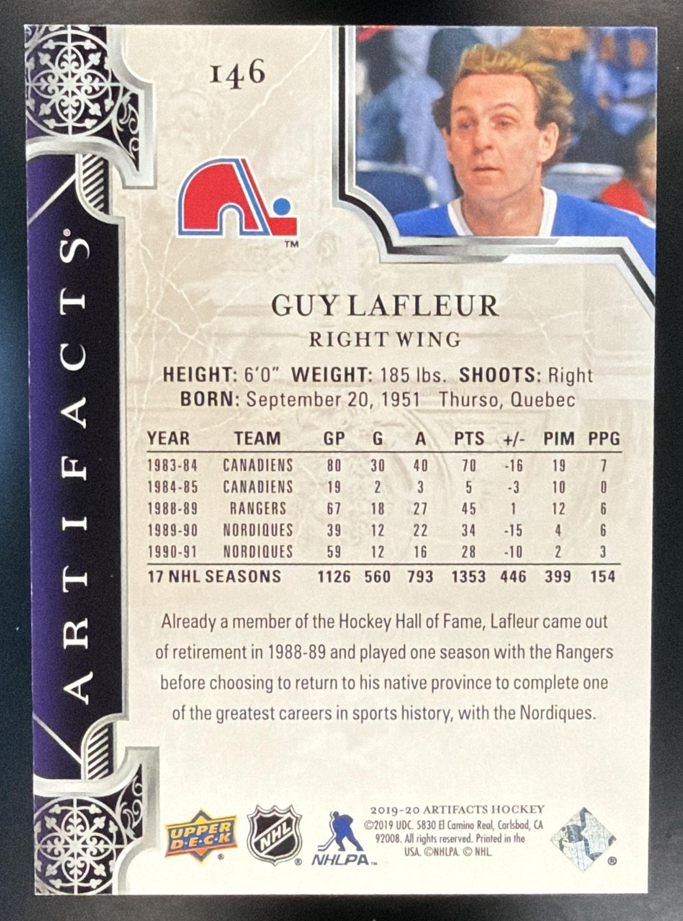 2019-20 Upper Deck Artifacts Guy Lafleur #146 Emerald 59/99 — back