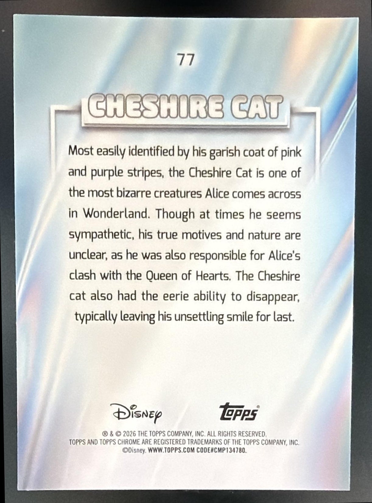 2026 Topps Chrome Disney Cheshire Cat #77 Blue Refractor /150 — back