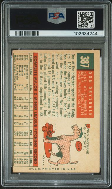1959 TOPPS #387 DON DRYSDALE PSA 3 VG