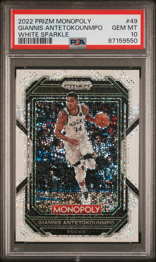 2022 Panini Prizm Monopoly Giannis Antetokounmpo White Sparkle SSP PSA10