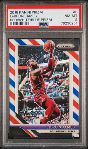 2018 PANINI PRIZM #6 LeBRON JAMES RED/WHITE/BLUE PRIZM PSA 8