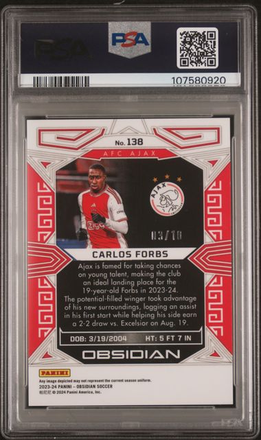 2023 PANINI OBSIDIAN #138 CARLOS FORBS ELECTRIC ETCH GOLD FLOOD /10 PSA 9